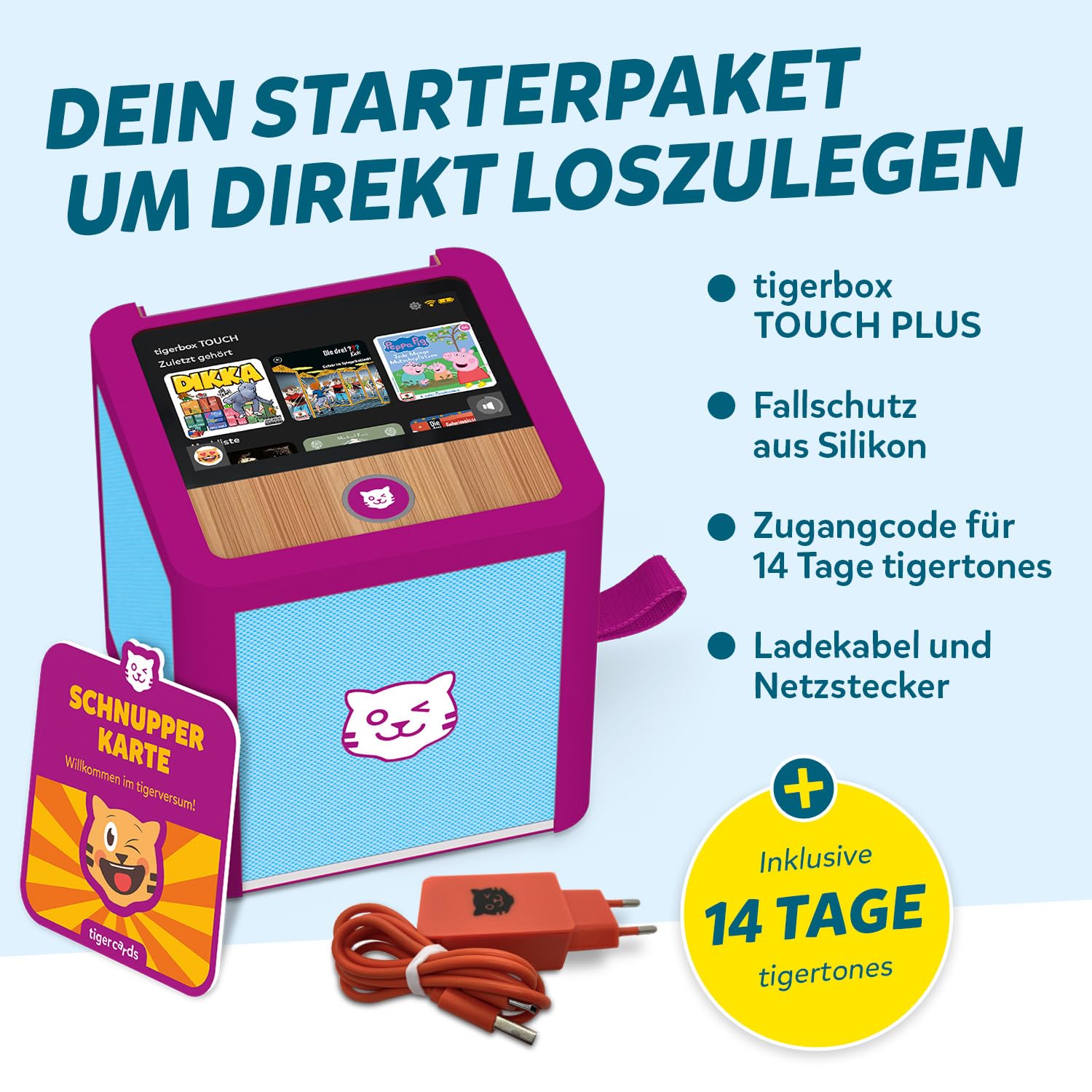 tigermedia tigerbox Touch Plus Miami Sky Azzurro | Audio Stereo per Bambini | Display Touch a Colori | con Luce Notturna | Connettore Cuffie Bluetooth | Batteria Extra Potente
