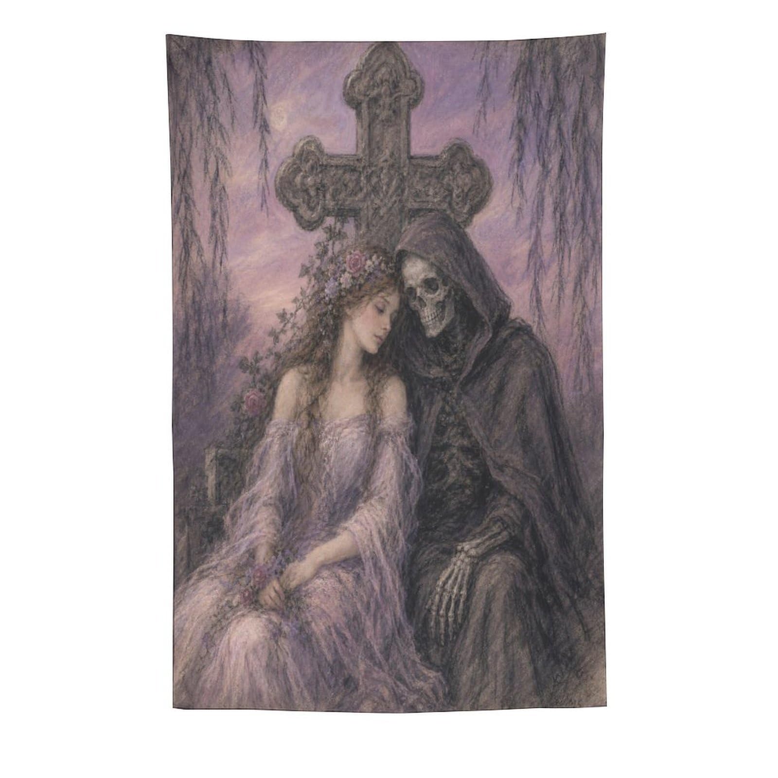 H3B8U2Y5 Gothic Bride with Death Wall Tapestry, Gothic Oil Style, Bed