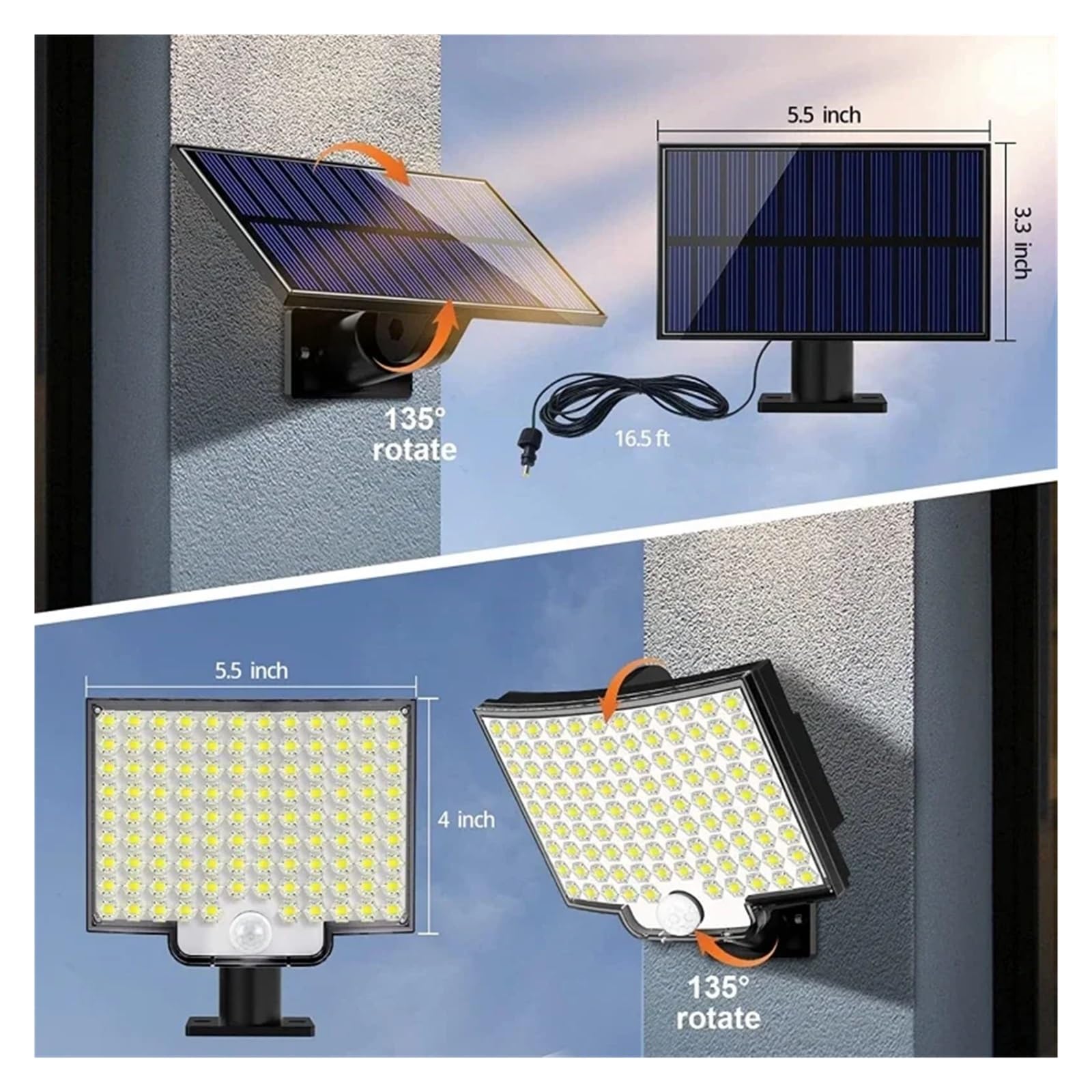Zewnętrzne Naświetlacze, LED Solar Motion Light Zewnętrzny oddzielny panel Solarne światła powodziowe 4 tryby pracy dla wodoodpornych kinkietów w garażu ogrodowym