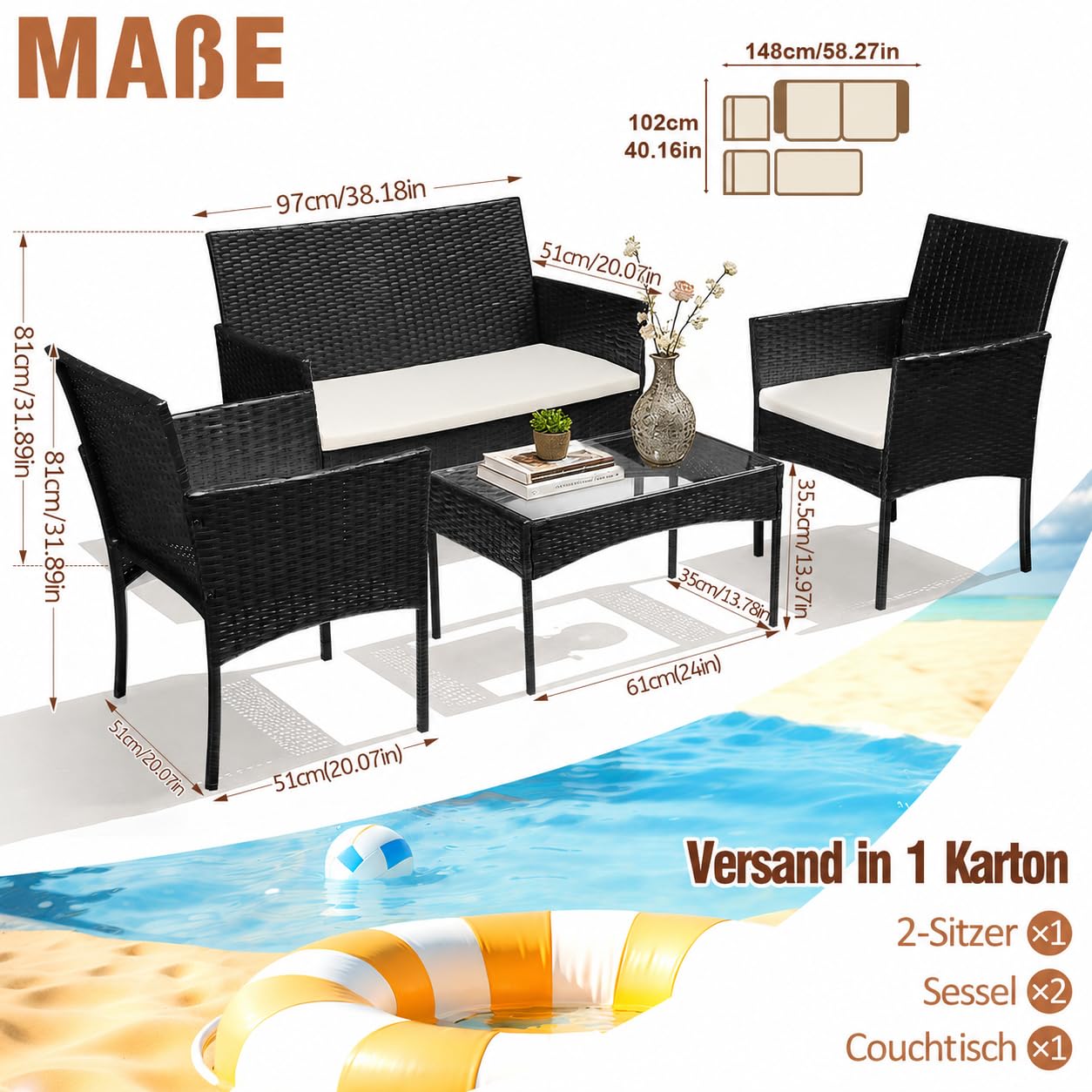 Polyrattan Balkonmöbel Set 4-teilig, Schwarz
