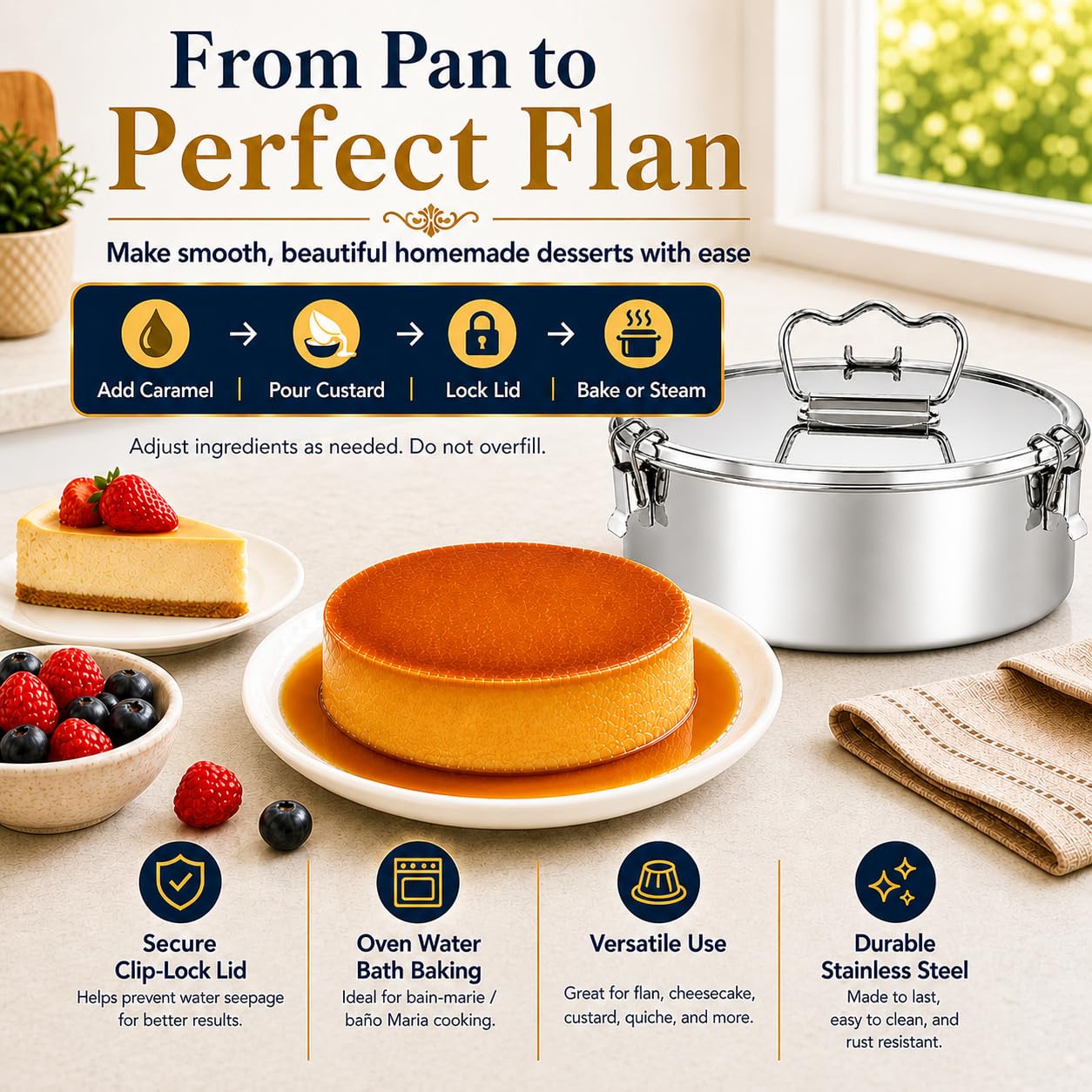 Molde de acero inoxidable para flan/pudín, compatible con olla instantánea de 8 cuartos de galón, sartén para tartas de queso, sartén fácil de usar para hornear con baño de agua,
