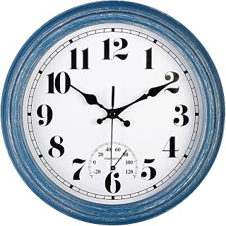 JENLYSTIME 12 Inch Retro Waterproof Outdoor Wall Clock with Thermometer - Silent Easy Read for Patio Kitchen Blue