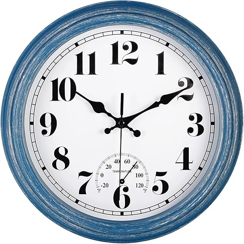 JENLYSTIME 12 Inch Indoor/Outdoor Retro Waterproof Wall Clock with Thermometer Silent Round Quartz Battery Operated Easy to Read Decorative for Kitchen Patio,Bathroom,Deck,Porch,Pool(Blue)