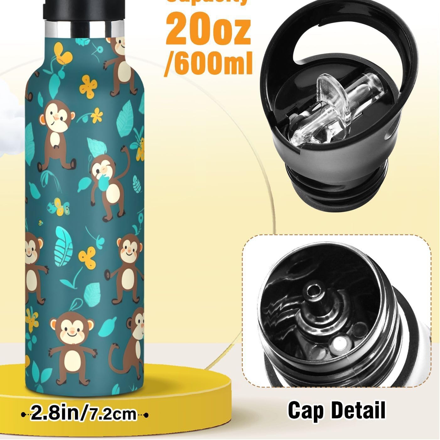 Kids Water Bottle with Straw 20 Oz Bottle for Boys Girls, BPA-Free, Cute Monkey Green