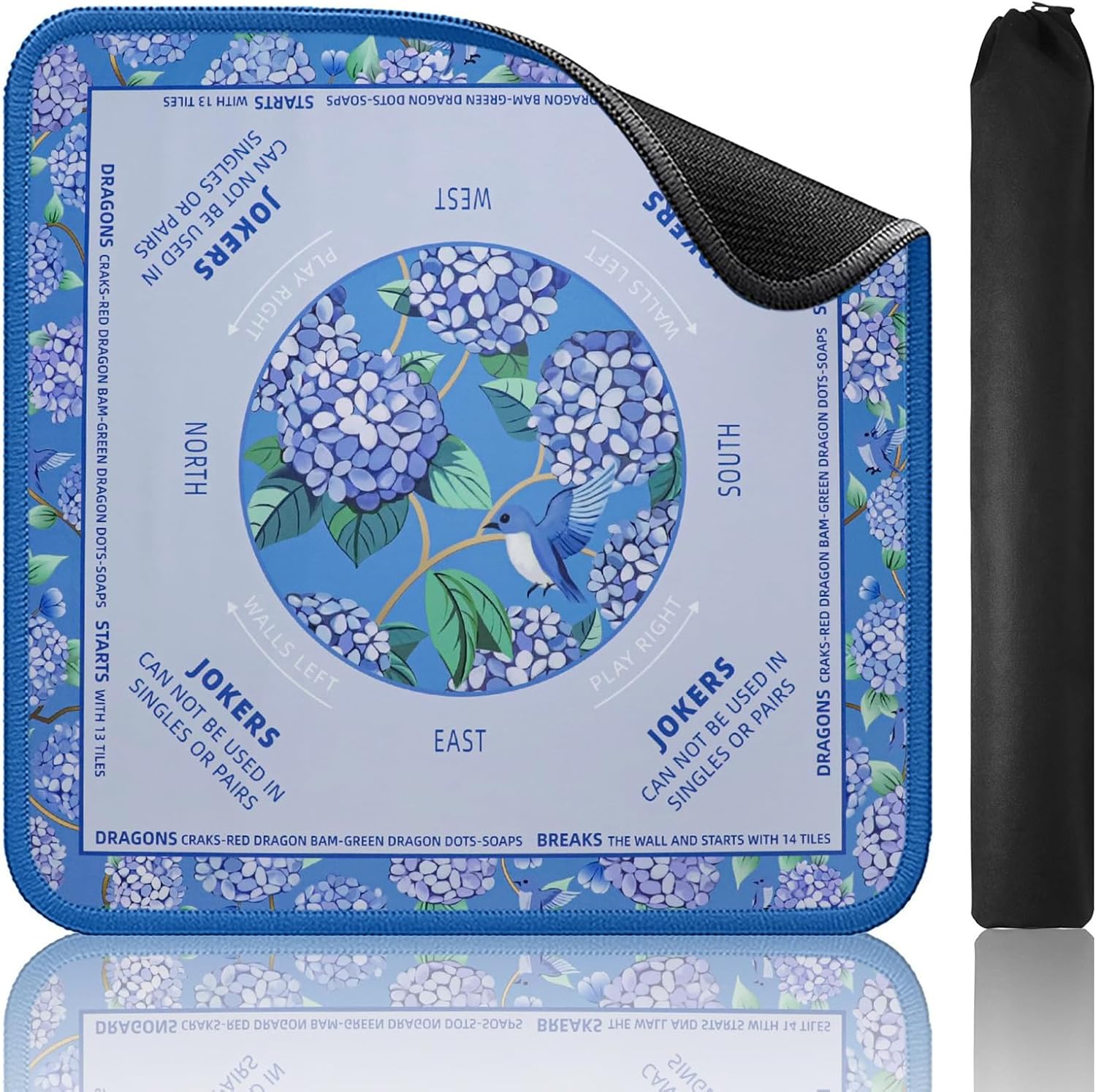 TIASUSAN Blue Mahjong Learning Mat (33” x 33”) with Black Carrying Bag, Anti-Slip, Noise-Reducing Mahjong Mat for Table, Board Games, Tile Games and Cards