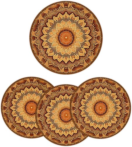 Miniatura 1 de Juego de 6 manteles individuales redondos, manteles individuales tejidos con mandala dorados, antideslizantes, resistentes al calor, lavables,