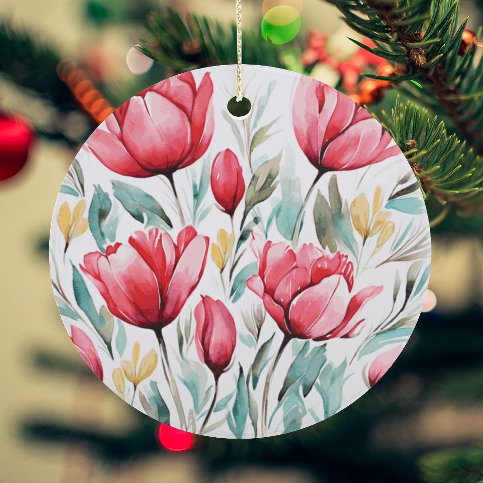 Flower Christmas Ornament for Christmas Tree Ceramic Round Ornament Winter Holiday Keepsake Gift 2.7" Christmas Tree Hanging Decorations Circle Ceramic Pendant Xmas Gift