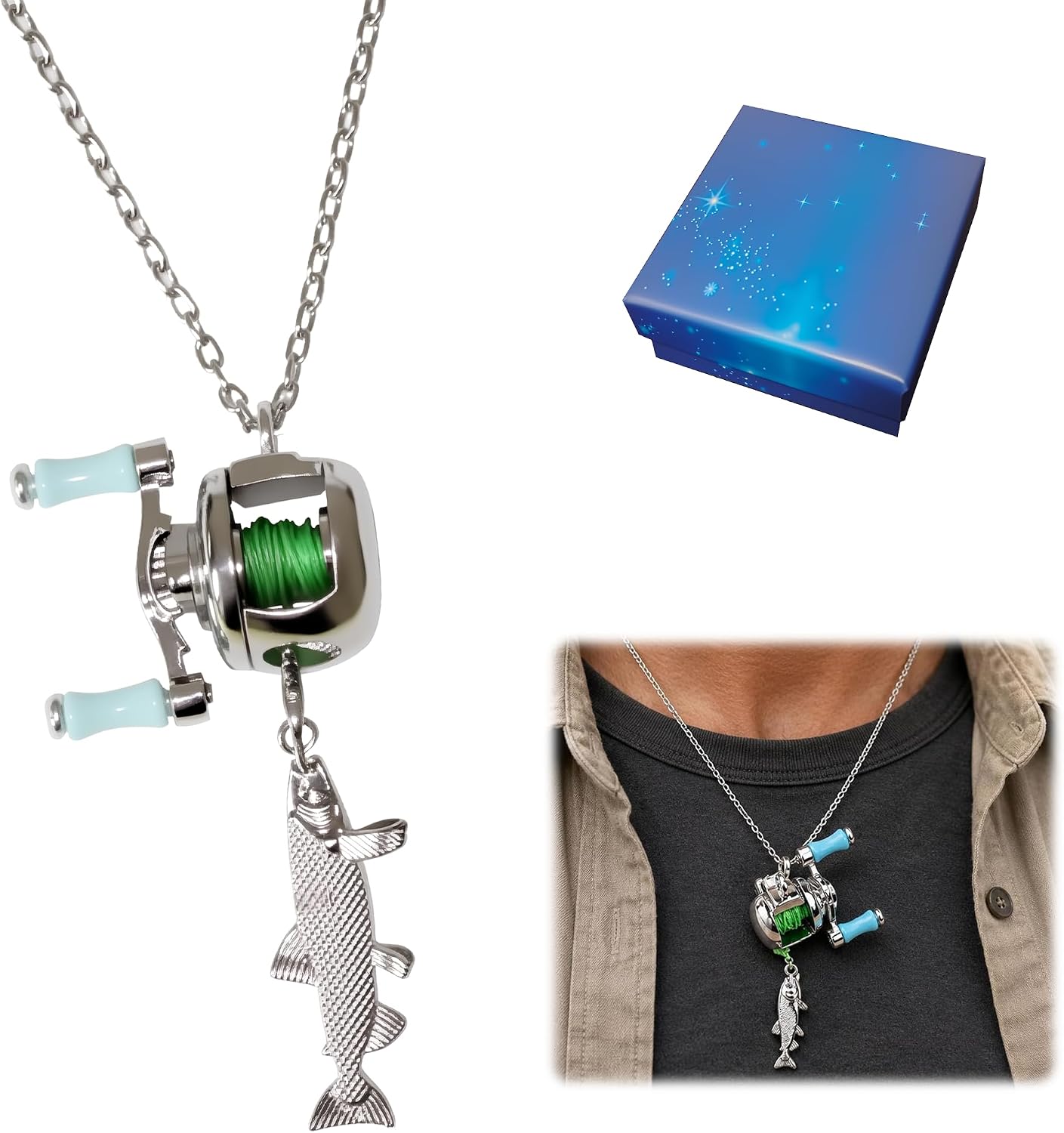 Fishing Reel Necklace with Functional Mini Spinning Reel