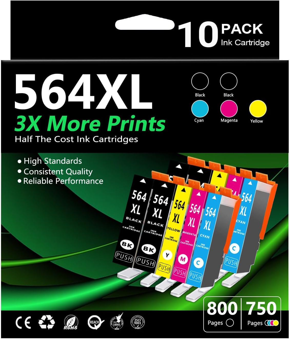 10 Packs 564XL High Yield Ink Cartridge Replacement for 564 XL 564XL Ink Cartridge with Photosmart 7520 6525 6520 3520 5520 DeskJet 3520 3522 Printer Ink (4BK / 2C / 2M / 2Y)