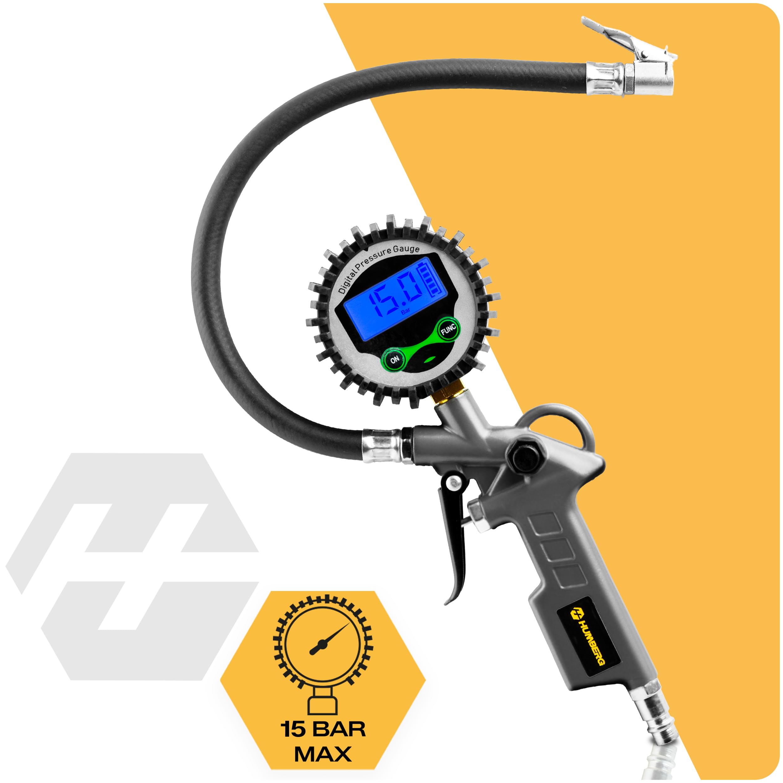 Humberg Inflador digital de neumáticos con manómetro – manómetro de presión de neumáticos de 15 bares con pantalla LCD – Medidor de presión de aire para coche, moto y bicicleta – Manguera de 34 cm