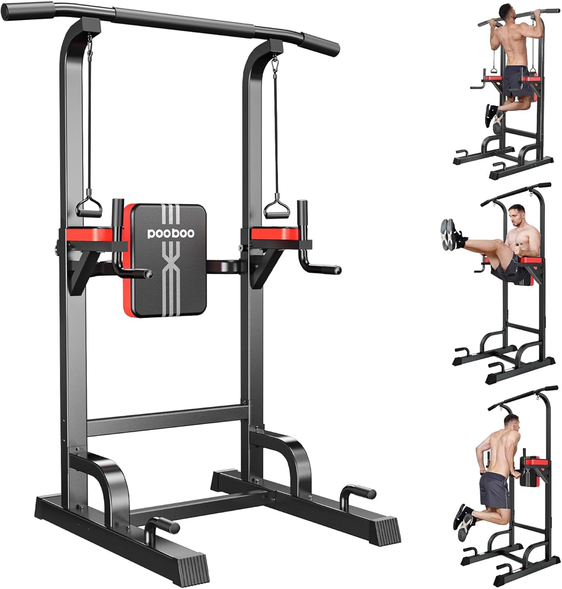 Pooboo Power Tower Dip Station Pull Up Bar for Fitness Home Gym Workout,450 Pounds Multi-Function Adjustable Height Fitness Strength Training Exercise Equipment,with Power Elastic Ropes