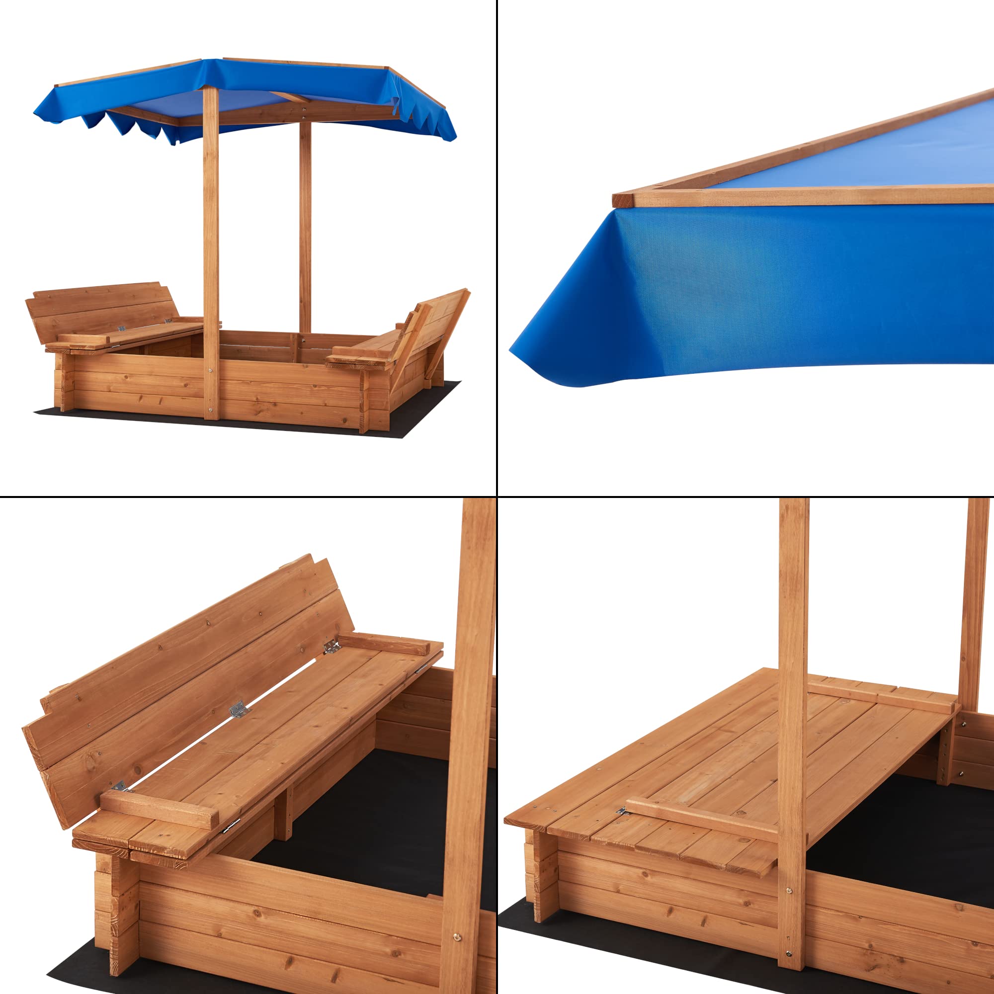 [en.casa] Sabbiera per Bambini in Legno con Panchine Integrate e Tenda Parasole Area Gioco da Giardino con Sedute Ripiegabili e Copertura per Sabbia 120 x 120 x 120 cm