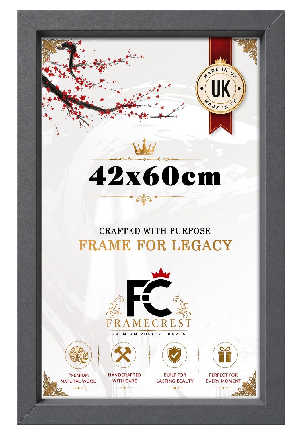FRAMECREST Elegant 42x60cm Poster Frame | MDF Frame, Metal Clips on Back | Wall Mount Frame for Prints with Real HD Perspex, Great for Photos, Artworks, Posters, Puzzle-[Dark Grey]