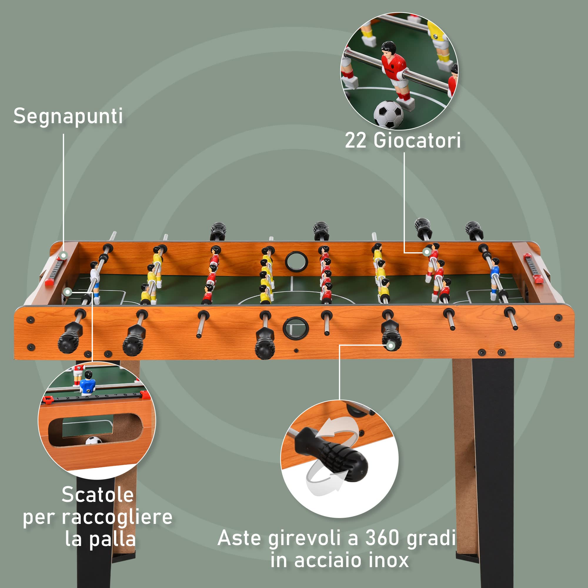 HOMCOM Calcio Balilla in Legno con 22 Giocatori in Formazione 3:4:3, 2 Palline e 2 Segnapunti Inclusi 84.5x40x61.2cm