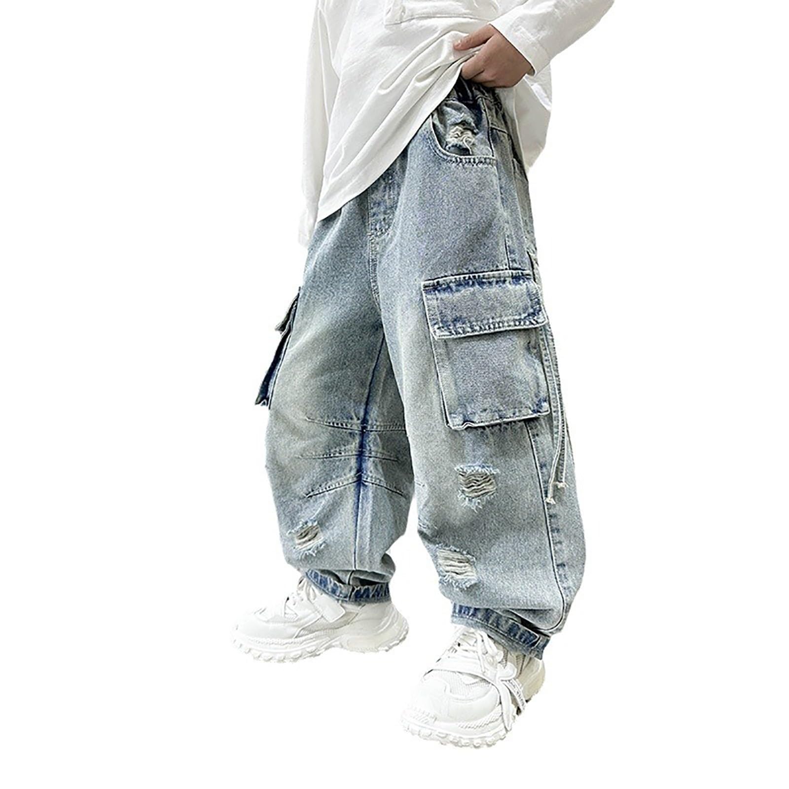 Pantaloni Baggy Ragazzo Cargo - Jeans Bambino, vestibilità Larga, con Tasche Resistenti, Pantaloni Tuta Ragazzo Hip Hop Streetwear, per Adolescenti, Resistenti E Comodi