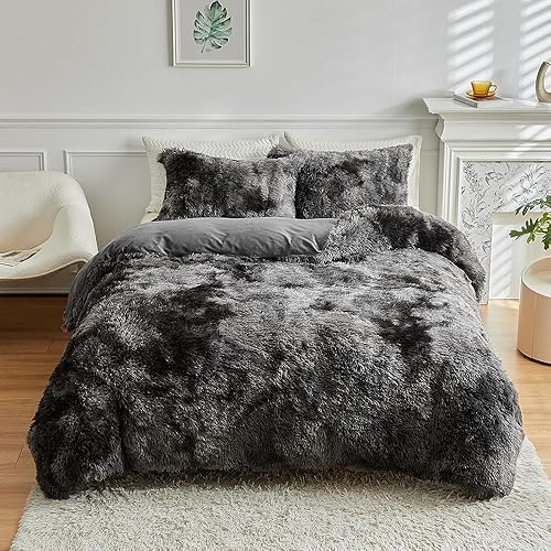 Wajade Juego de edredón de felpa de pelo sintético teñido anudado gris oscuro y blanco, juego de ropa de cama mullido y mullido - Juego de edredón