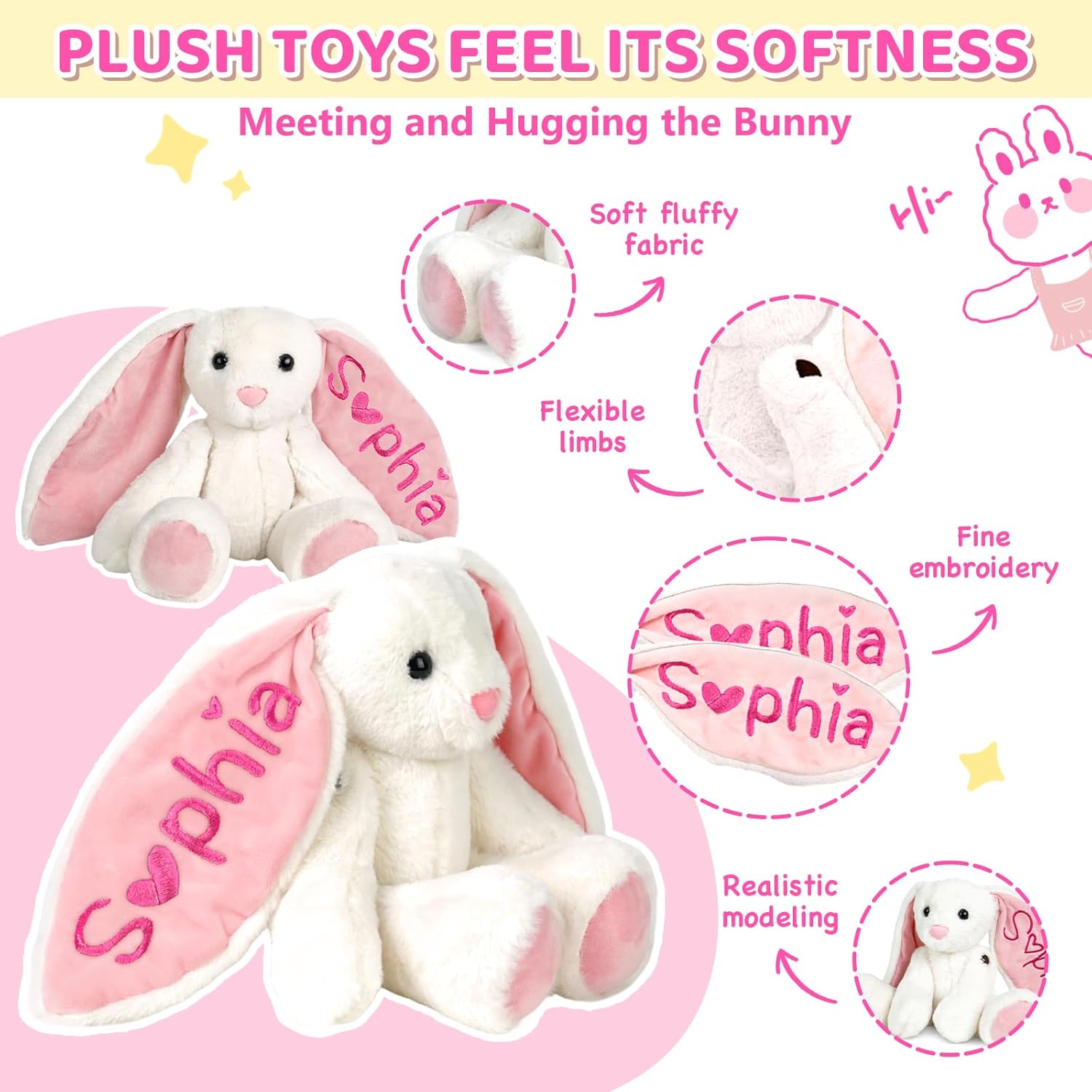 Personalized Bunny Stuffed Animal, Custom Plush Bunny Toys with Embroidered Name, Customized Baby Gifts for 1-14 Year Old Girls Boys Kids Toddlers Newborn, Rabbit Doll for Birthday Christmas Easter image 2 of 9 B0FLJPWF7R