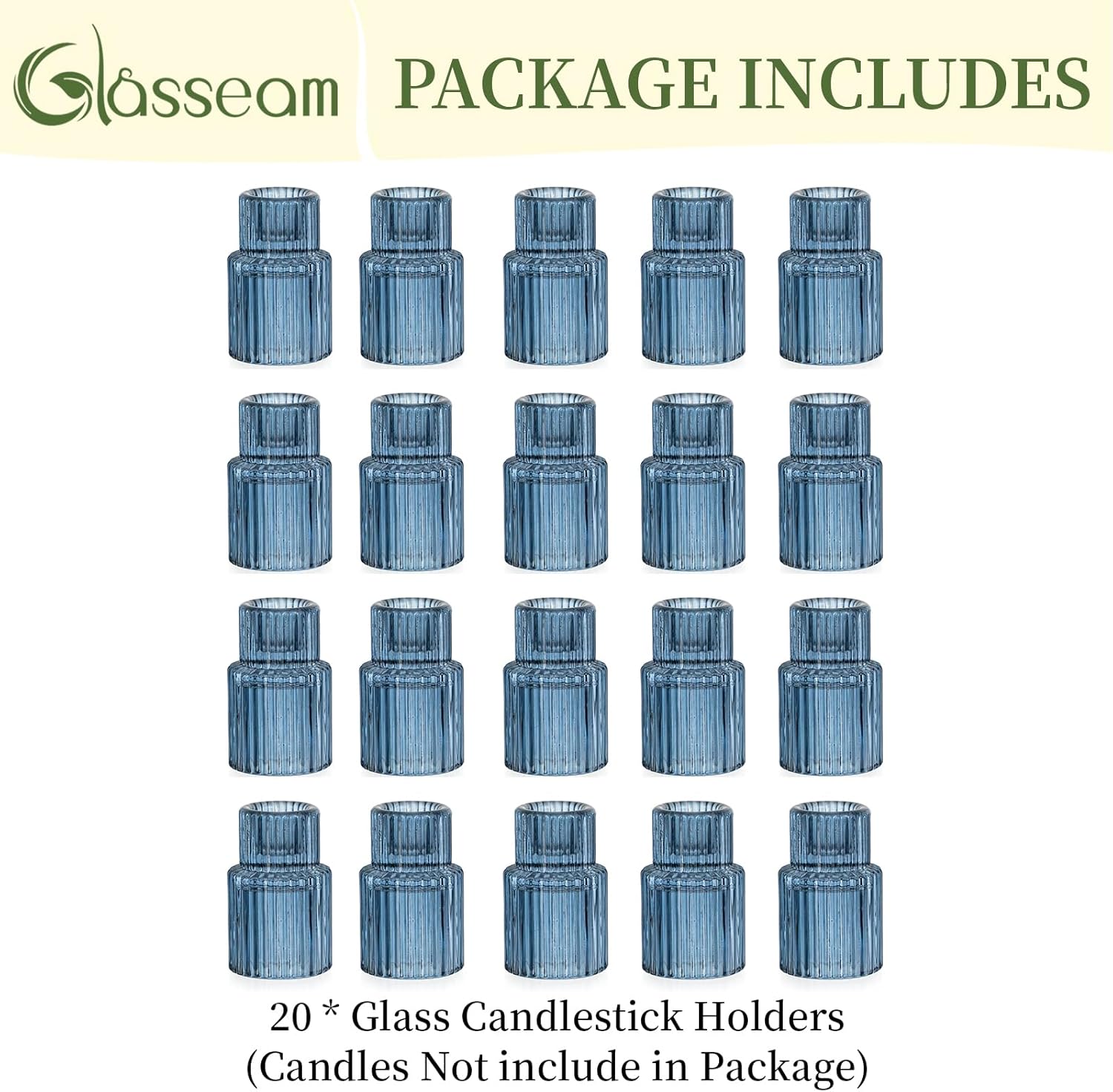 Glasseam Candle Sticks Holder Decor: Set of 20 Blue Ribbed Glass Candle Holder Modern Fluted Taper Candle Holders Bulk for Table Centerpiece Wedding Decorations Dinner Party Home Decor