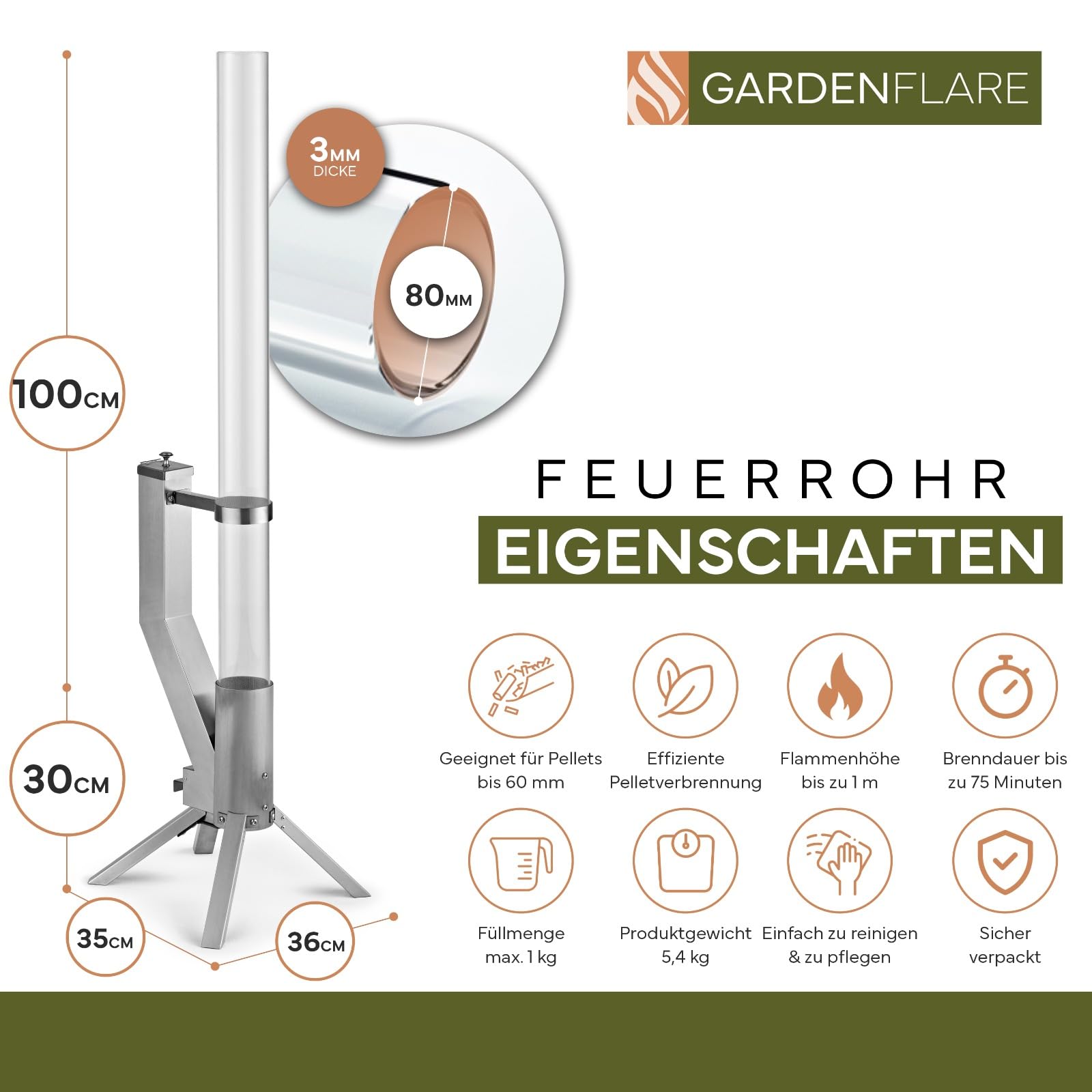 GARDENFLARE Feuerrohr Klassik – Edelstahl Feuersäule und Pelletfackel für tolles Ambiente Feuer – Alternative zu Feuerschale & Gartenkamin für Deine Terrasse (Silber)