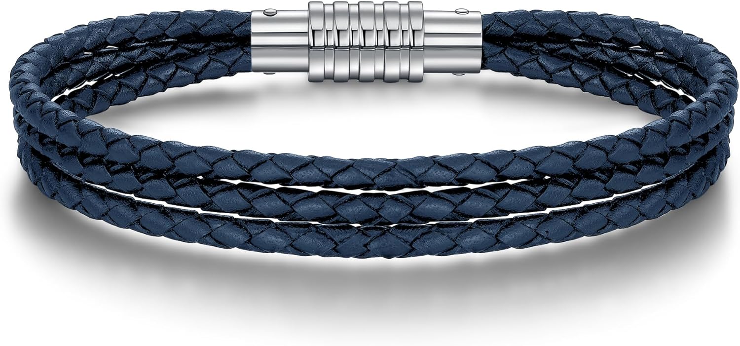 Genuine Leather Bracelet for Men - Stainless Steel Clasp & - Gift for Him, Boyfriend, Husband
