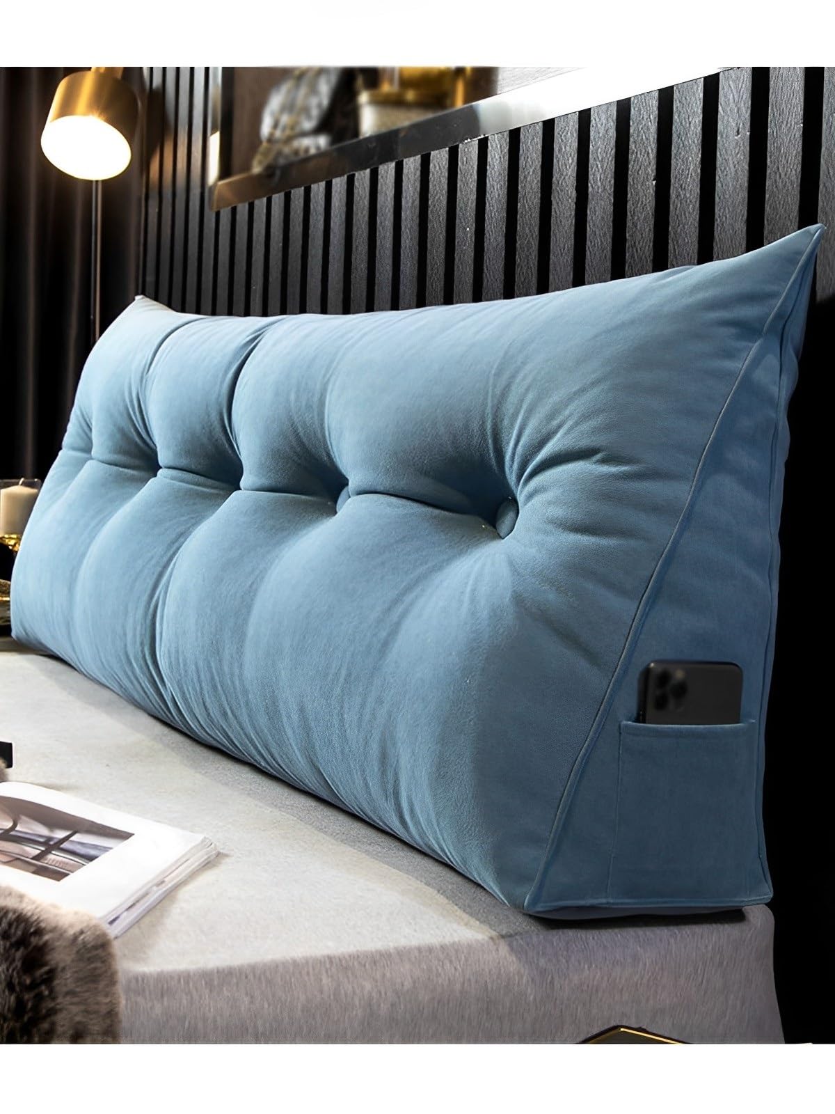 LUXUCURE Headboard Back Rest Cushion Support Pillow,Triangular Large Reading Pillow with Side Pocket,Lumbar Support Back Wedge Pillow for Bedroom Bed Bay Window Tatami Sofa,Blue,150x50x20cm