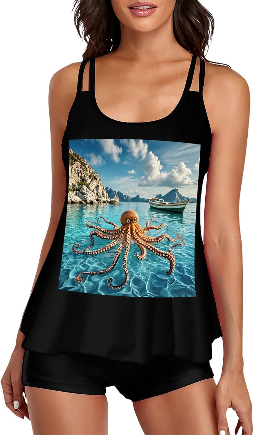 Octopus and Boat Tankini Swimsuits for Women Tummy Control Two Piece Bathing Suits Swim Tops with Boy Shorts