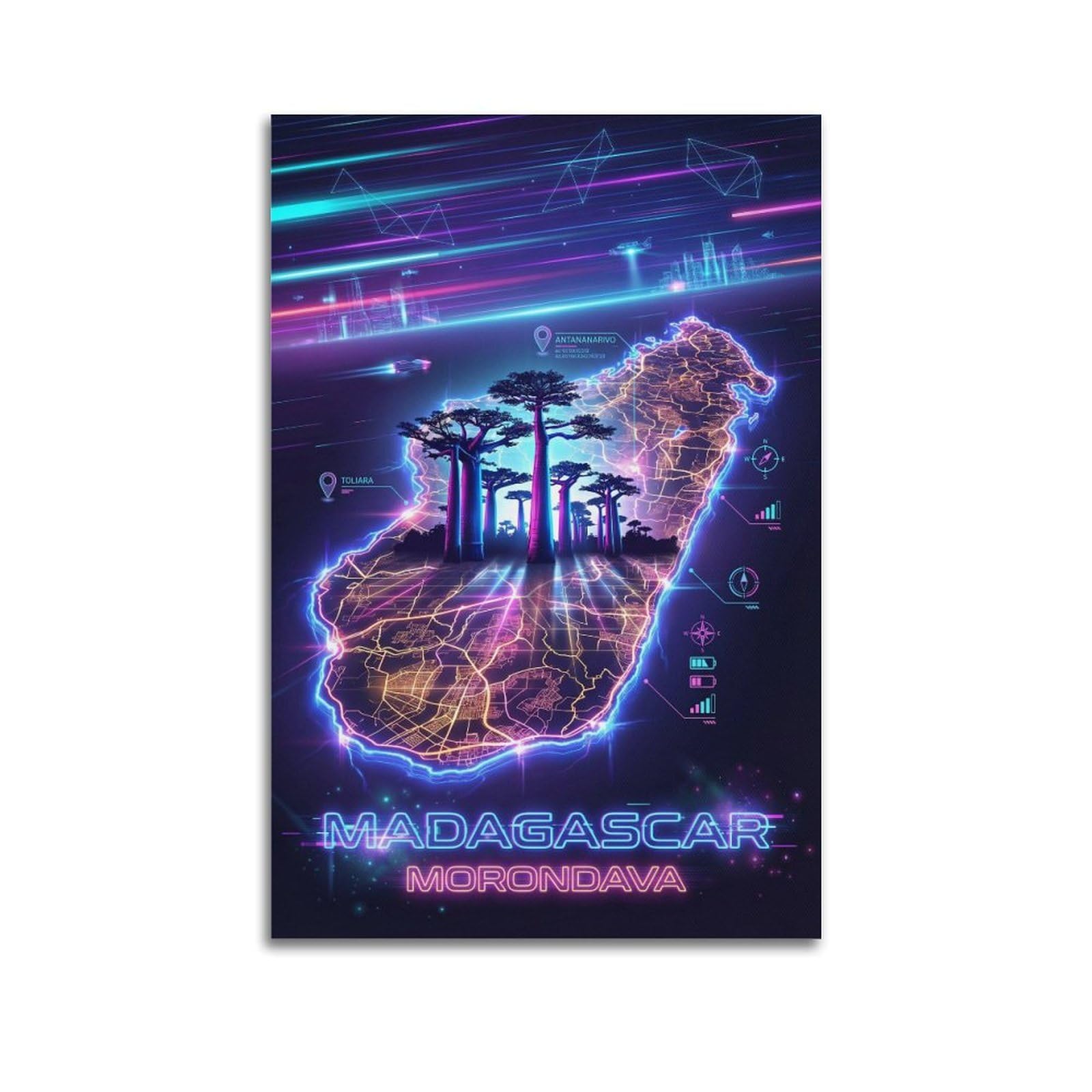 XKUGA Retro Neon Map Gamer Room Poster Madagascar Modern Decorative Canvas Prints - Ideal Wall Art for Family, Man Cave, Game Room, Boys & Girls Bedroom 24x36inch(60x90cm)