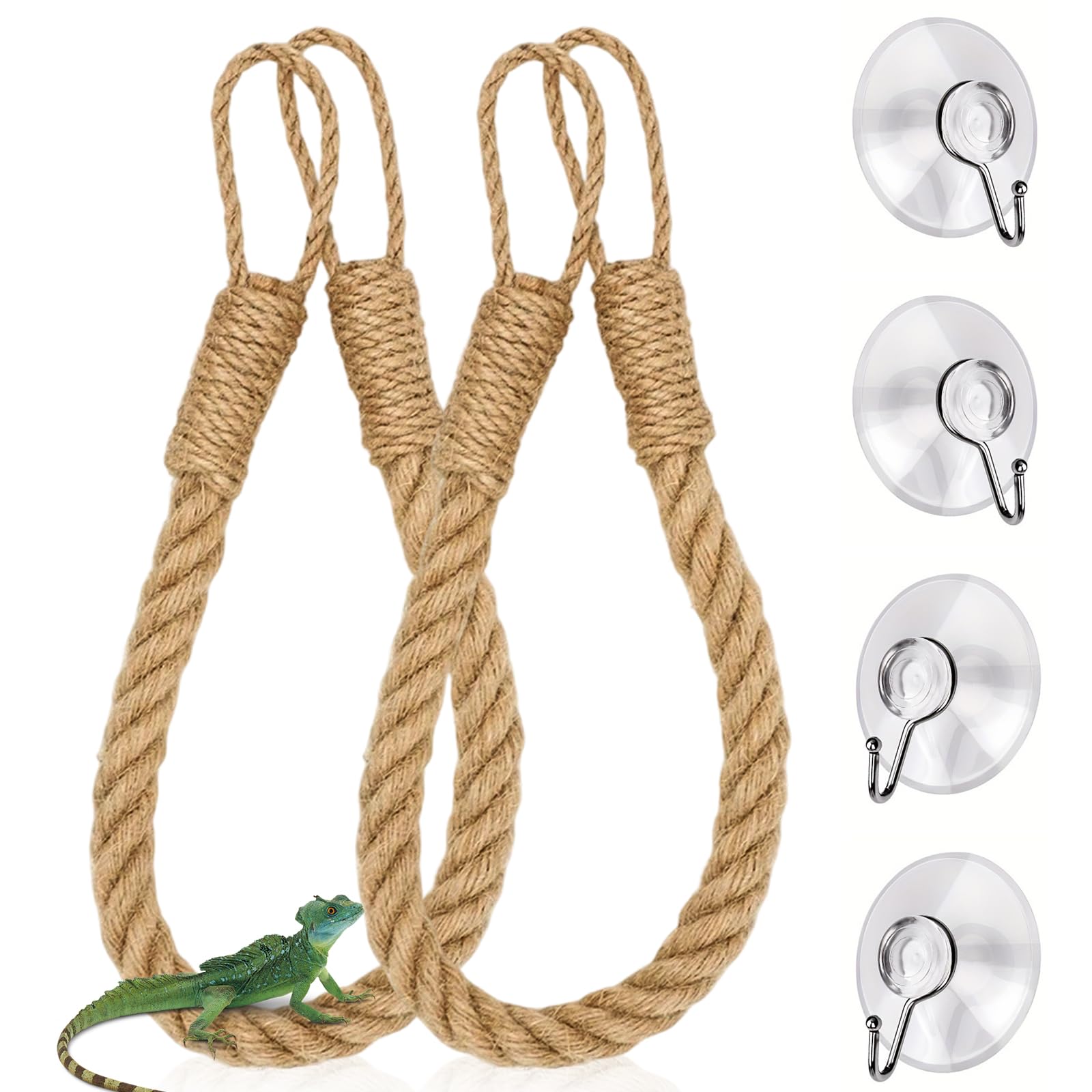 2PCS Reptile Climbing Hemp Rope Set, Reptile Accessories 60CM Leopard Gecko Accessories with 4 Suction Cup Hooks Crested Gecko Accessory Hermit Crab Rope Ladder for Lizards Snakes Crabs