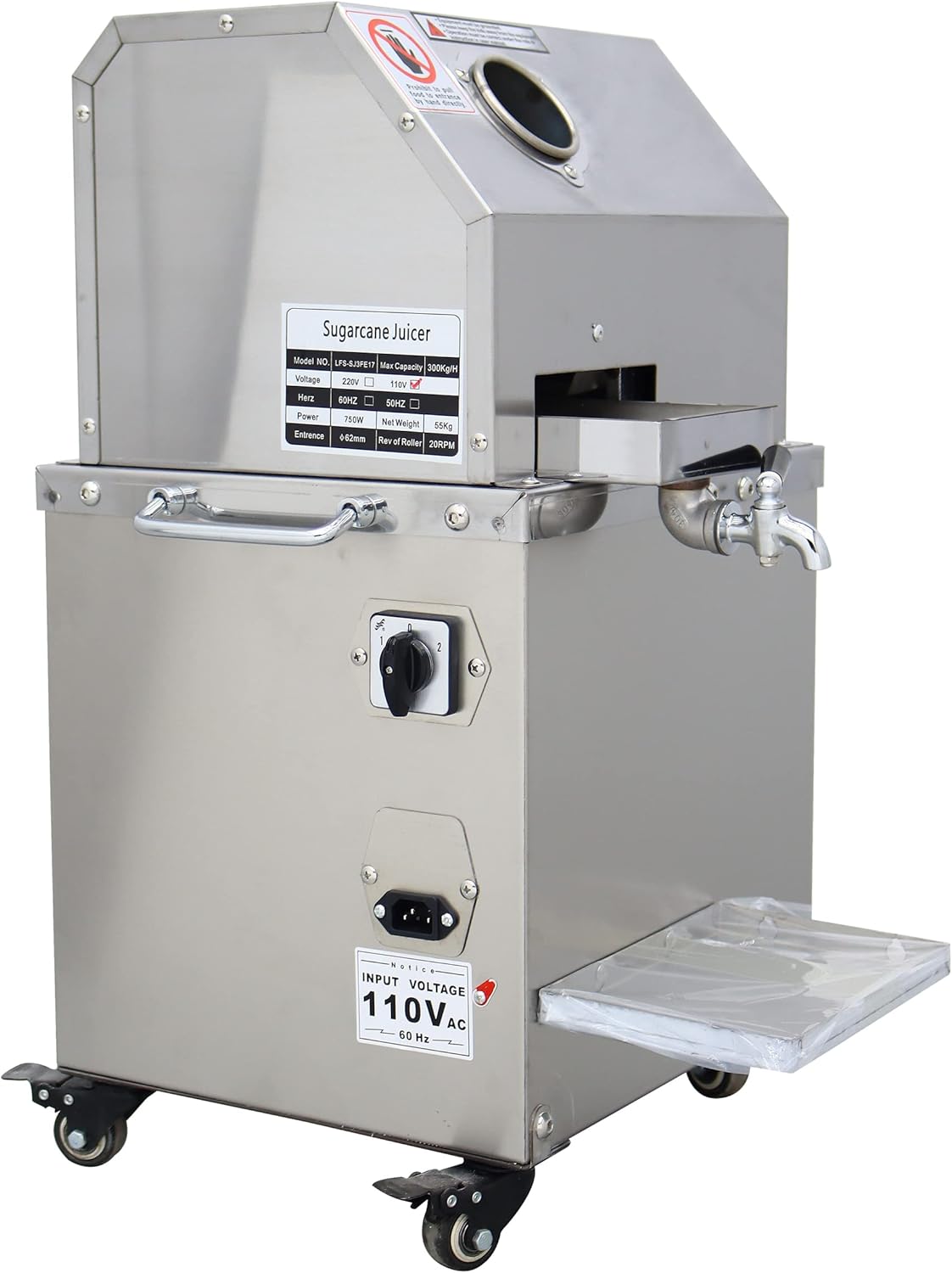 TECHTONGDA Commercial Electric Sugar Cane Juicer, Sugarcane Press, 3 Rollers 304 Stainless Steel Sugarcane Juicing Extractor, Sweet Sorghum Press Machine with Water Injection Cleaning Hole, 110V 750W