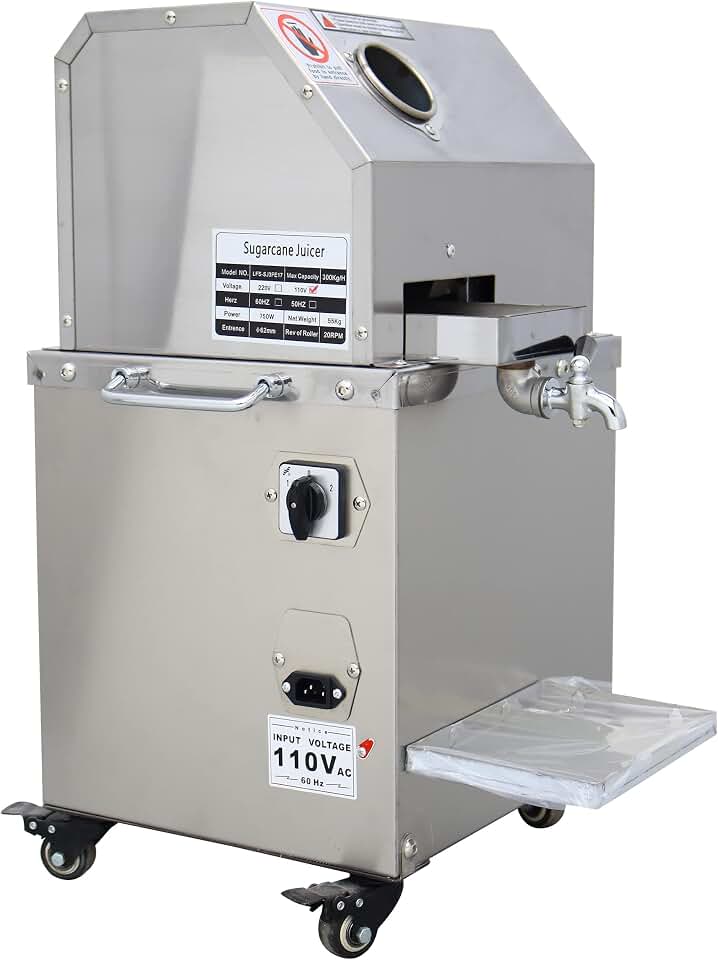 110V 750W Electric Sugar Cane Juicer, Sugarcane Juicer Machine, 3 Stainless Steel Rollers, Sugarcane Juice Extractor Squeezer for Home/Commercial, W/Cleaning Port and 4 Casters