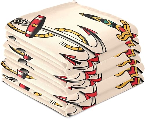 Miniatura 4 de FUGIDOG Juego de 4 paños de cocina de diseño de tatuajes de la vieja escuela, ultra suaves, absorbentes, toallas de cocina, toallas de mano, paños