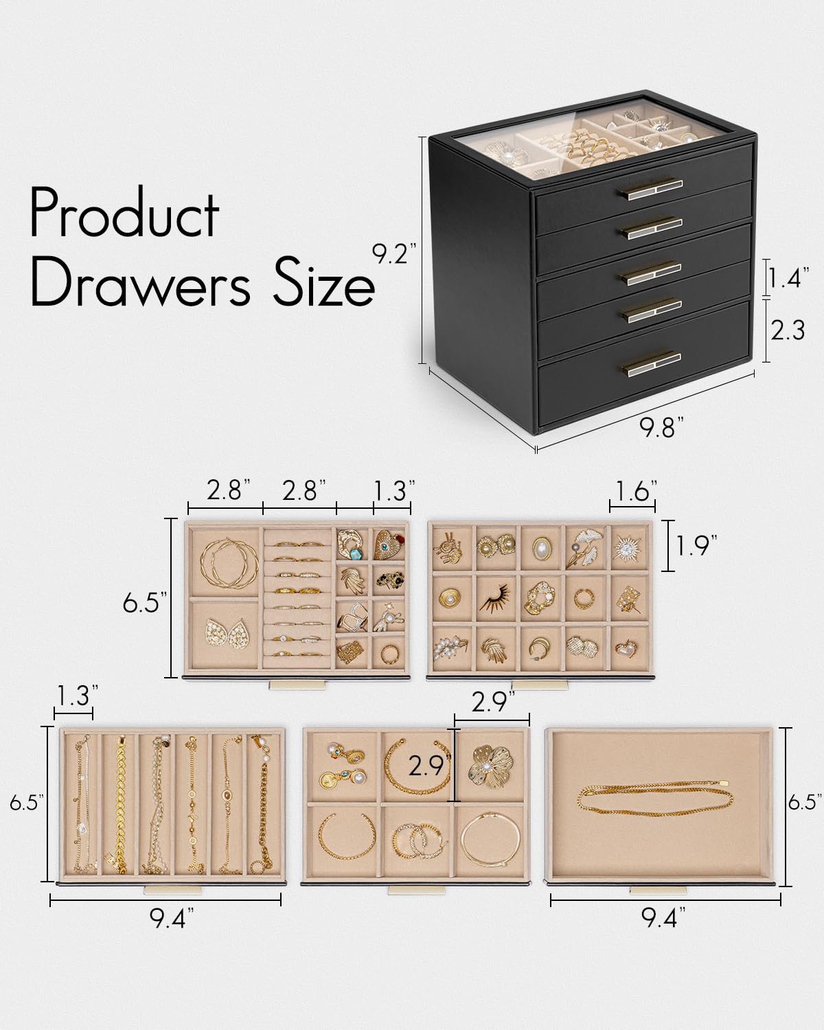 Vlando Schmuckkästchen mit 5 Schichten für Damen, Glasdeckel, Schmuck-Organizer mit 5 Schubladen für Halsketten, Ringe, Ohrringe, Armbänder, Schwarz