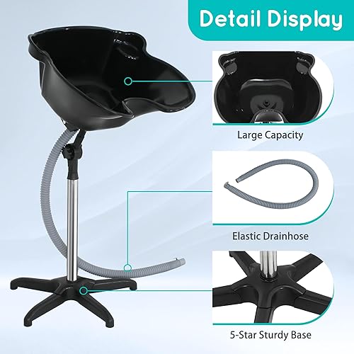 HomGarden Fregadero de champú de lavabo profundo portátil de altura ajustable con drenaje, herramienta de peluquería para tratamiento del cabello,