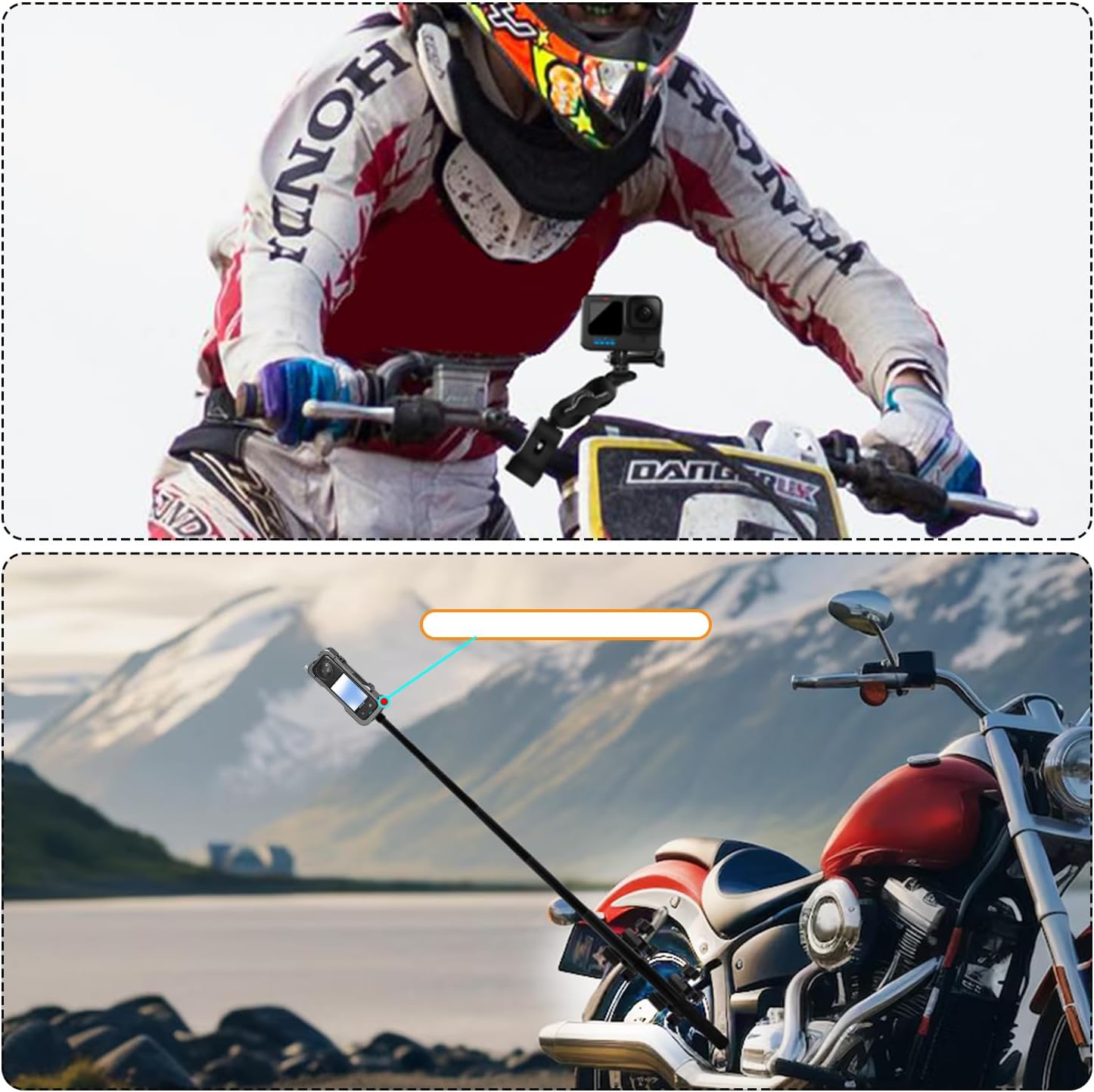 Motorcycle Mount Kit with 47" Invisible Selfie Stick Compatible for Insta 360 X5 X4 X3 X2 X RS GO 3 Heavy-Duty Double Clamp Camera Bike ATV RV Mount Kit Compatible for Gopro 13-8, Osmo 360, Osmo Nano
