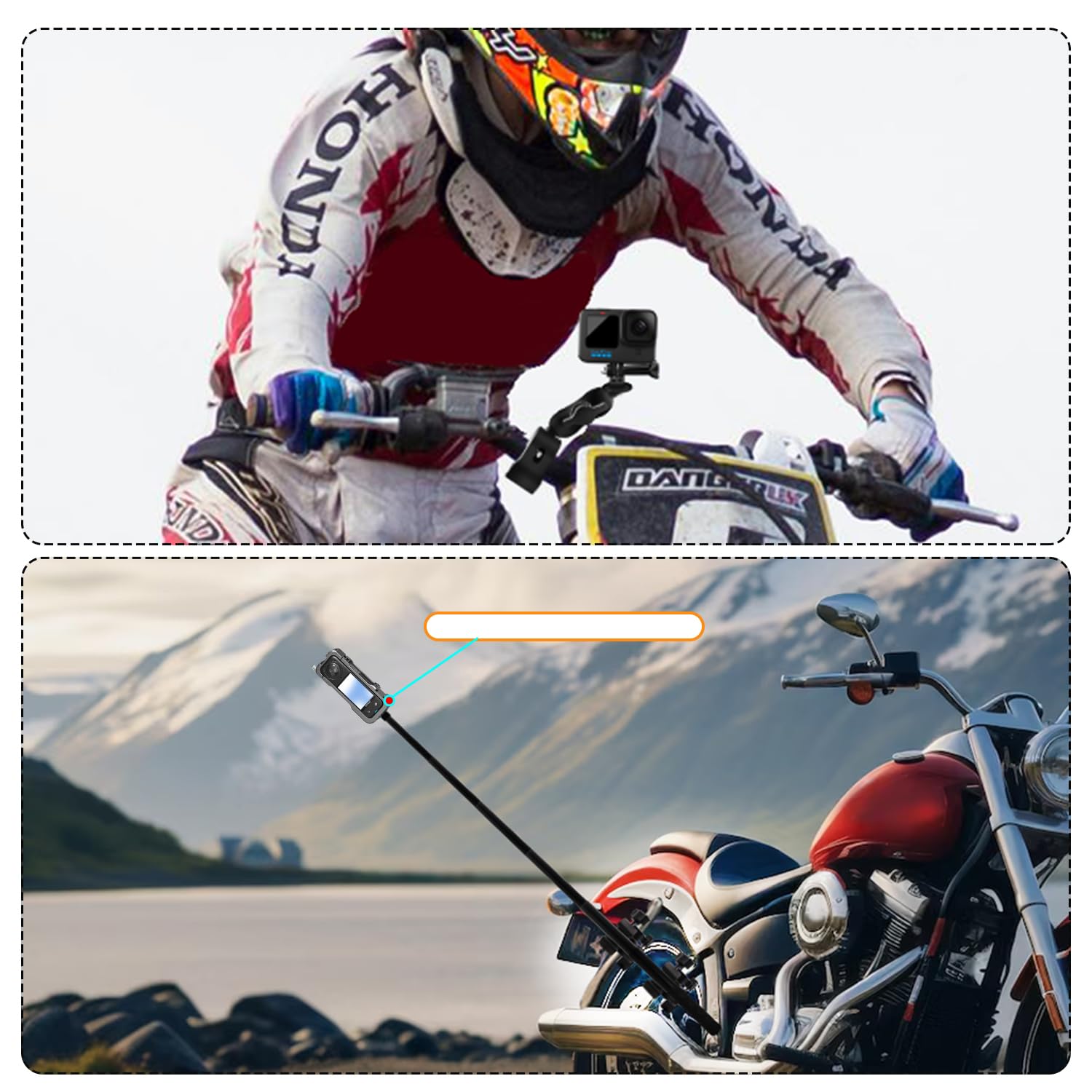 Motorrad Kamera Halterung 47" Selfie Stick Kompatibel mit Insta360 X5 | Unsichtbarer Verlängerungs Stab mit Doppel Klemme Kompatibel mit GoPro 13-3 Osmo 360 für Fahrrad, ATV und Motorrad