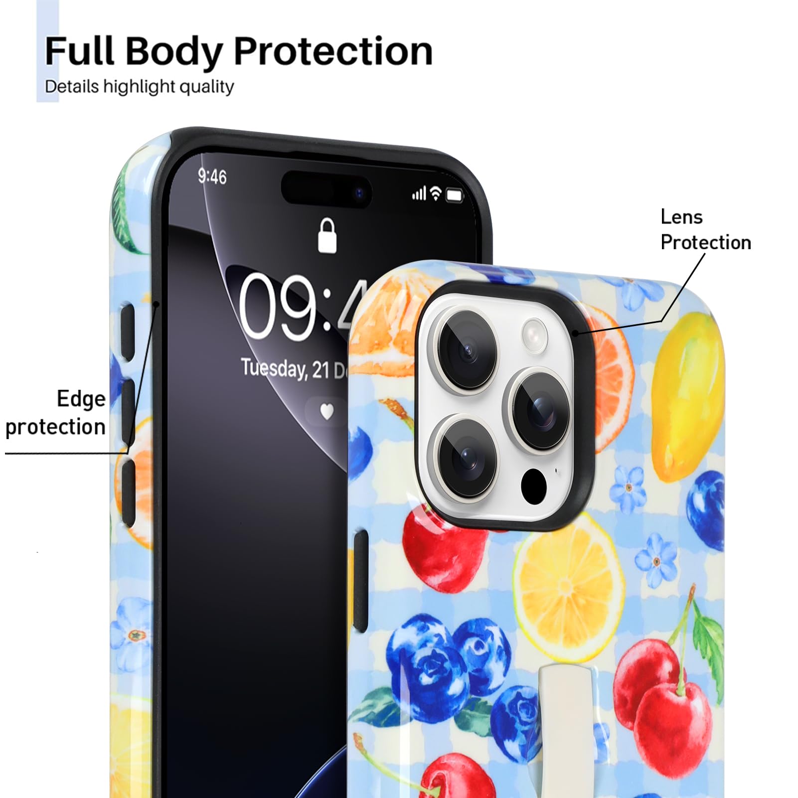 Custodia compatibile con iPhone 16 Pro, grazioso design lucido a scacchi, con cinturino da polso regolabile integrato, supporto per la mano con cavalletto, cover rigida antiurto (blu)