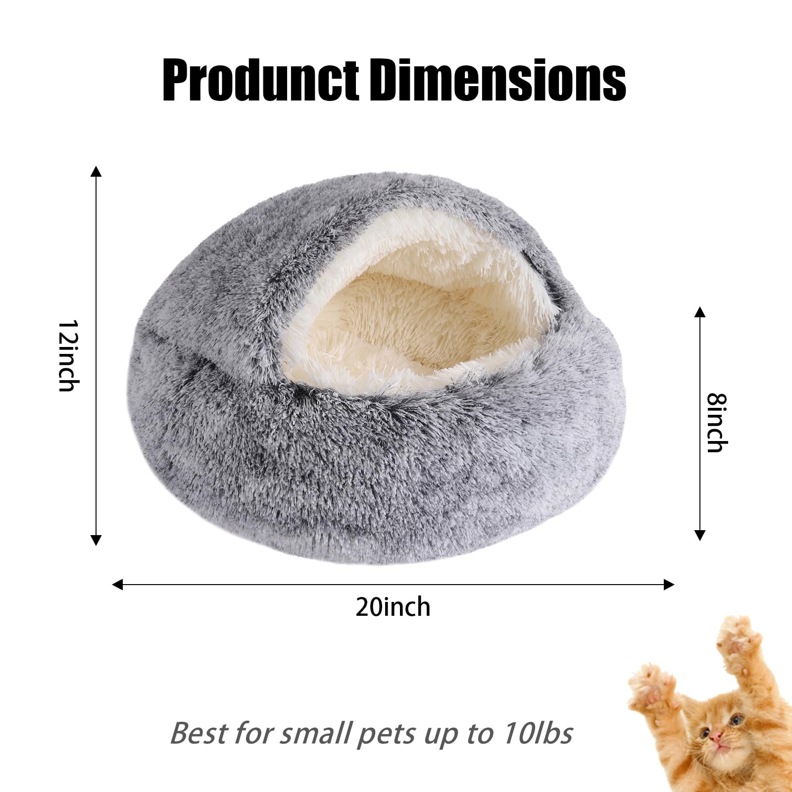 Calming Dog Beds & Cat Cave Bed with Hooded Cover,Removable Washable Round Beds for Small Medium Pets,Anti-Slip Faux Fur Fluffy Coved Bed,Comfortable Warming Pet Bed (20 * 20inch, Grey)