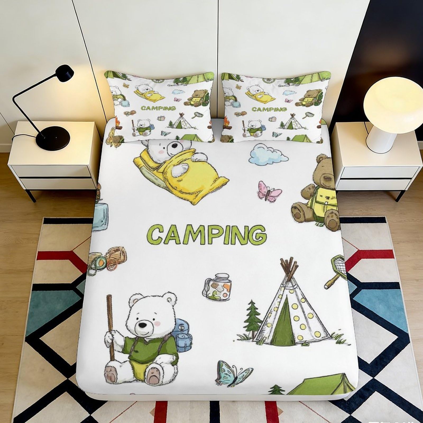 3D Printed Camping Bear Fitted Sheet Microfiber Soft Bed Cover Outdoor Adventure for Bedroom Guest Room Mattress Protection 200x200x25cm