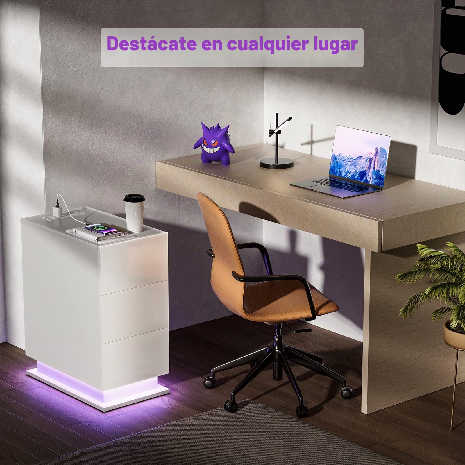 Juego de 2 Estrecha Mesilla de Noche con Estación de Carga y LED, Brillante Mesa Auxiliar con 3 cajones, para Dormitorio, Salón, Estudio, Blanco