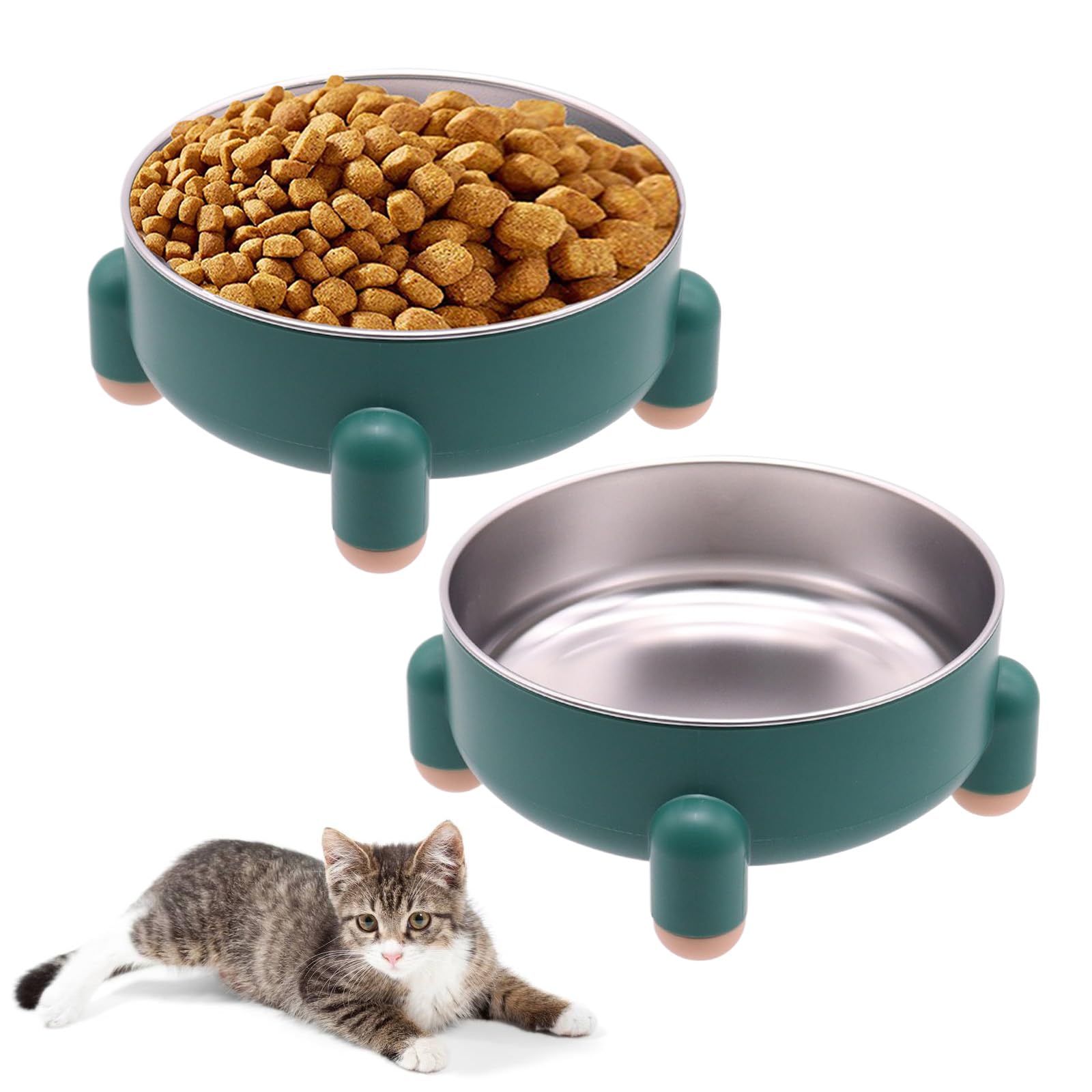 AkoSlale Elevated Stainless Steel Cat Bowls, Green 2-Pack – Raised, Whisker-Friendly Feeding Set for Indoor Cats, Anti-Slip Base for Cleaner Floors, Anti-Vomit Comfort, Easy-Clean Removable Bowls