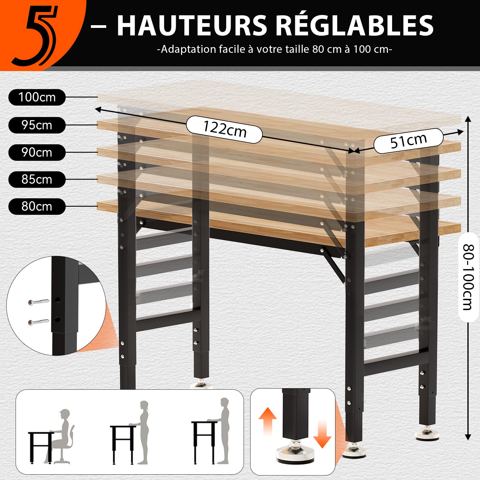 TLGREEN Établi Garage Réglable de Travail,122CM Table en Bois de Caoutchouc | Établi Atelier avec Multiprise et Panneau Perforé, Réglable 5 Hauteurs, 907kg Capacité, 15 PCS Crochets, pour Bureau Maison