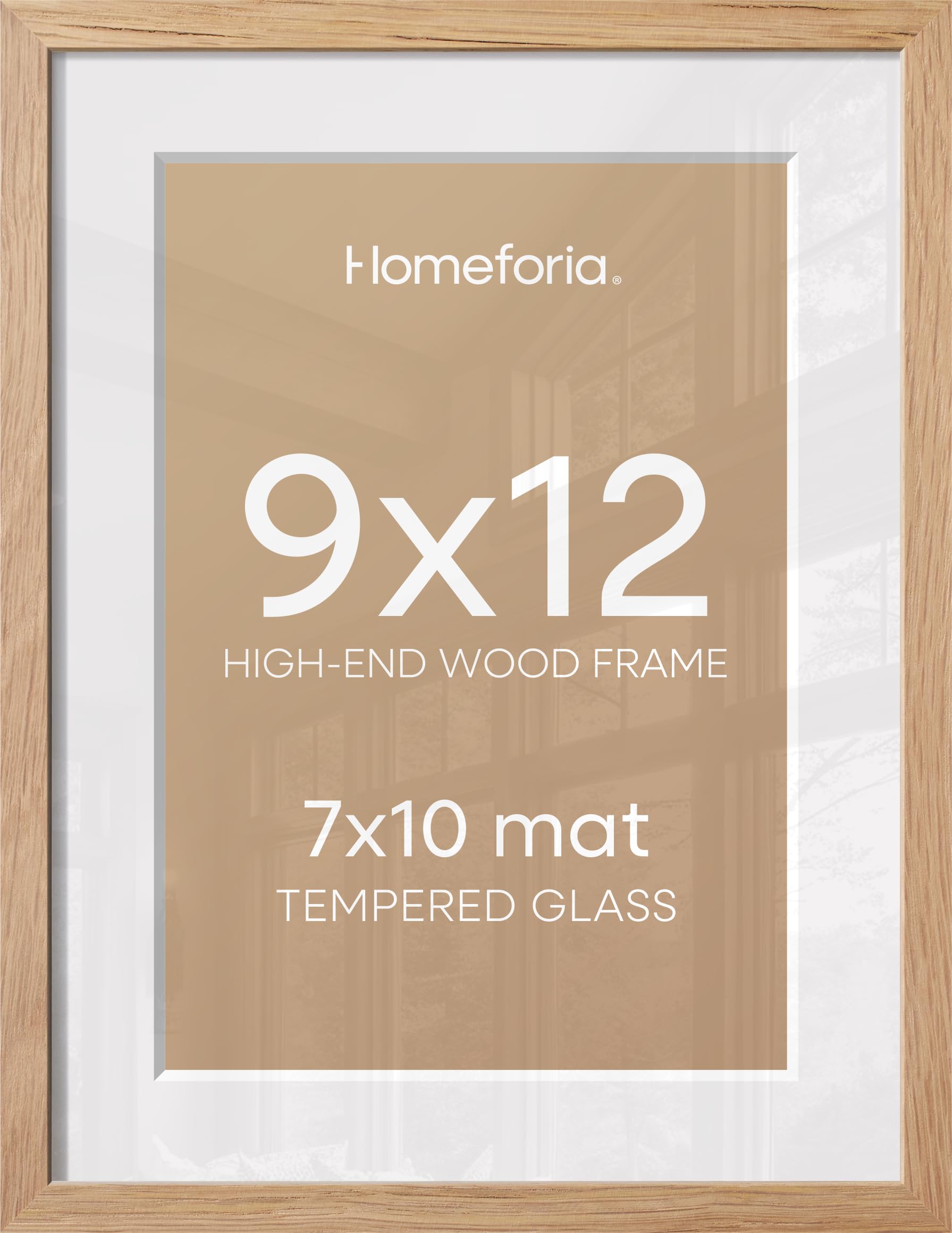 Homeforia 9x12 Natural Oak Picture Frame, High-End Wood, 7x10 Mat, Glass | High End Solid Oak Wood, Tempered Glass, Acid-Free 7x10 Removable Mat, 9x12 Edge-to-Edge Display 12x9, Wall Kit, Set Of 1