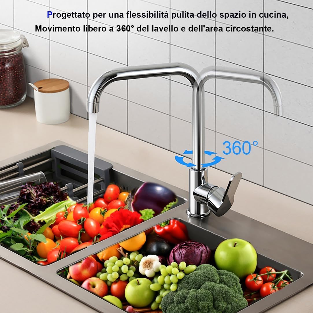 XWIHTR miscelatore rotante a 360° caldo e freddo per cucina in acciaio inox, miscelatore monocomando per lavello doppio, antigoccia con rubinetto silenzioso per lavello per verdure (cromato)