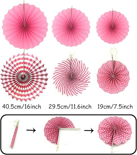 Miniatura 3 de ZERODECO Juego de abanicos de papel para colgar en fiestas, globos de confeti rosa, abanicos plegables decorativos, pompones de papel, banderas