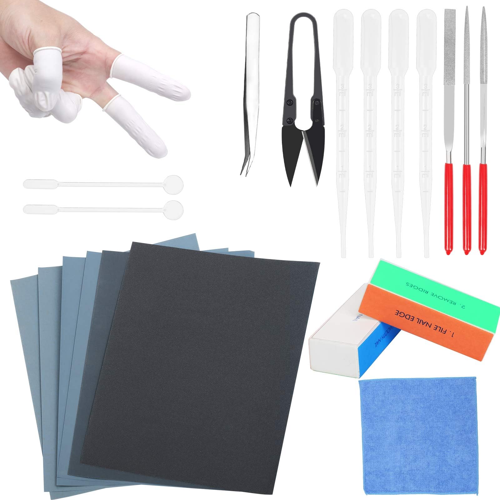 LOPOTIN 32Pcs Resin Casting Tools Set Resin Moulds Polishing Kit Include Sand Paper Polishing Block Flat Round File Scissor Dropper Rubber Finger Cot Tweezer for Polishing Epoxy Resin Jewelry Making