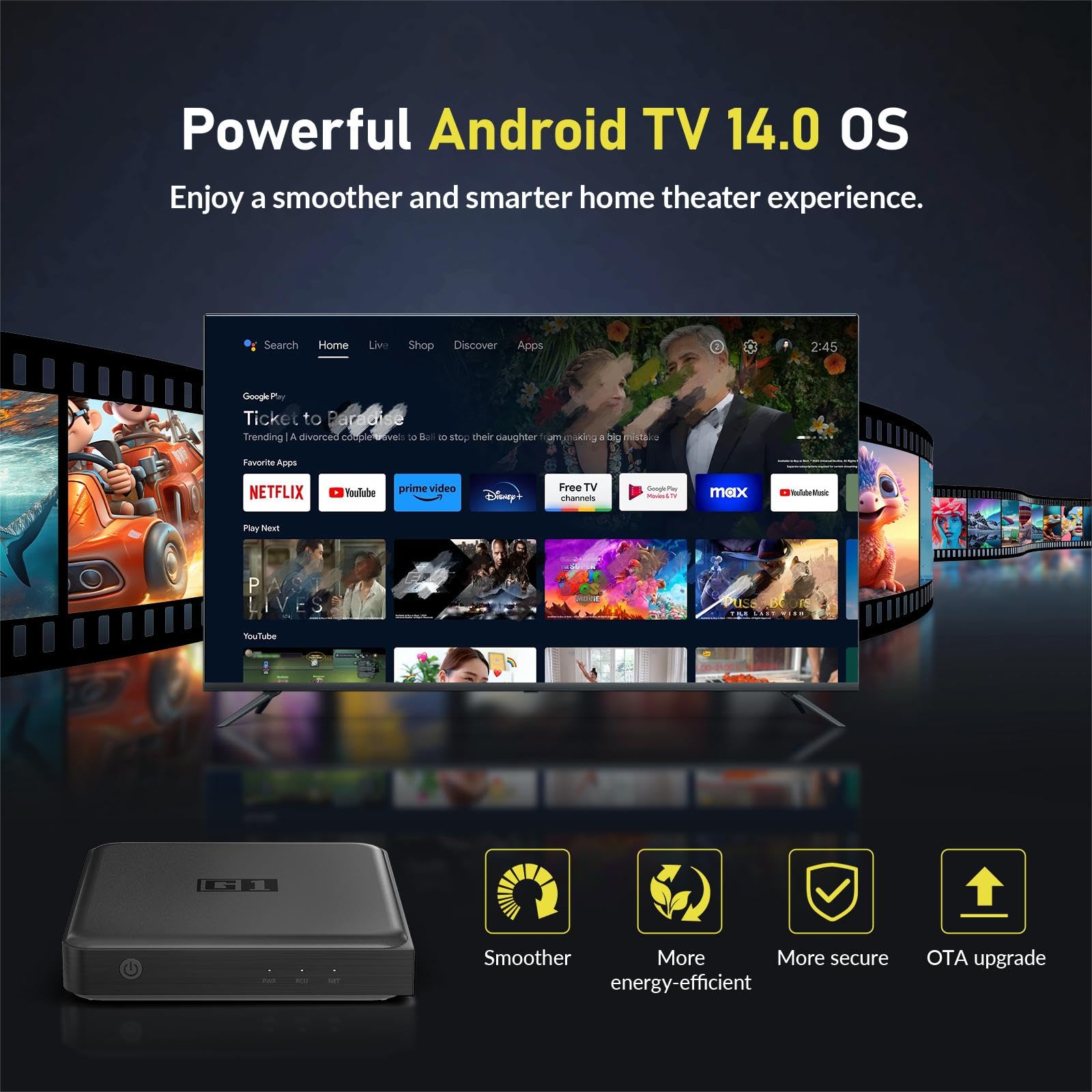 Kinhank G1 Android TV 14.0 Boxes 4K, Smart TV Box Compatible with Google and Netflix Certified,4GB+32GB Box Android 2025 Compatible Dolb Visio·Digtal+,DTS X,HDR10+,WiFi 6 BT 5.0,AV1,Voice Assistant