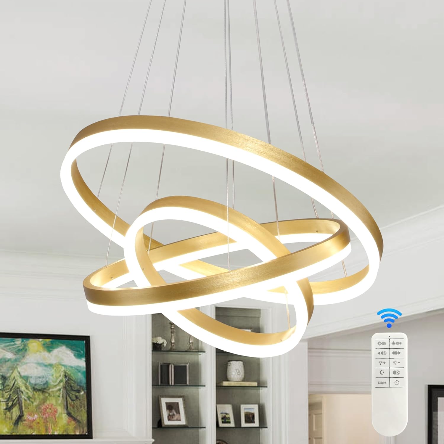 Modern Gold Led Chandelier 3 Rings Gold Dimmable LED Chandeliers Light Fixture for Kitchen Island Height Adjustable Chandelier Led Pendant Light for Dining Room Bedroom Living Room Gold 3Ring-20"