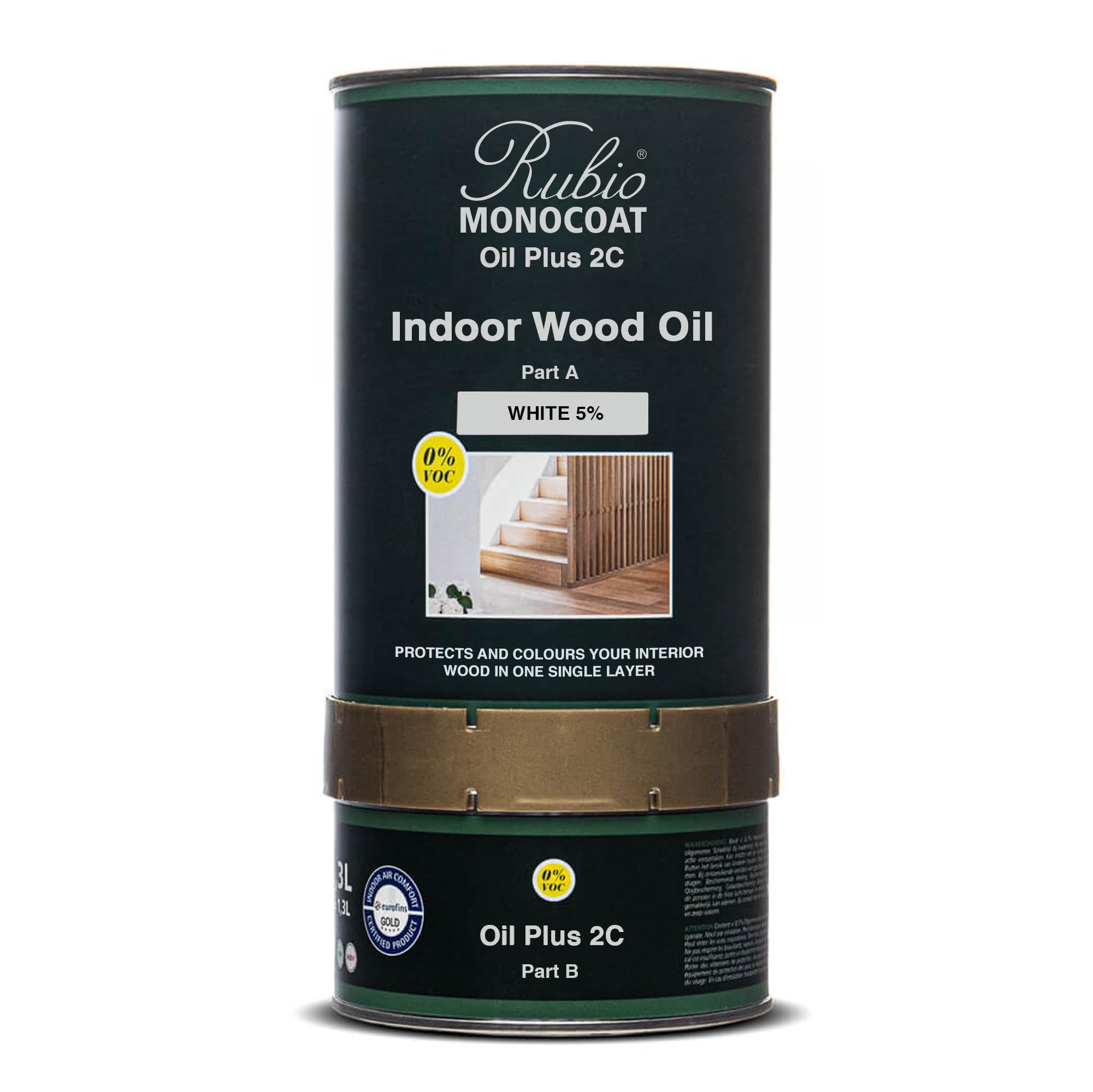 Rubio Monocoat Wood Oil Finish 52 m² - White 5% | Oil Plus 2C | Quick-Dry, Eco-Friendly Linseed Wood Oil for Indoor Use, Includes Accelerator (Part B) | Protector | 1,3L