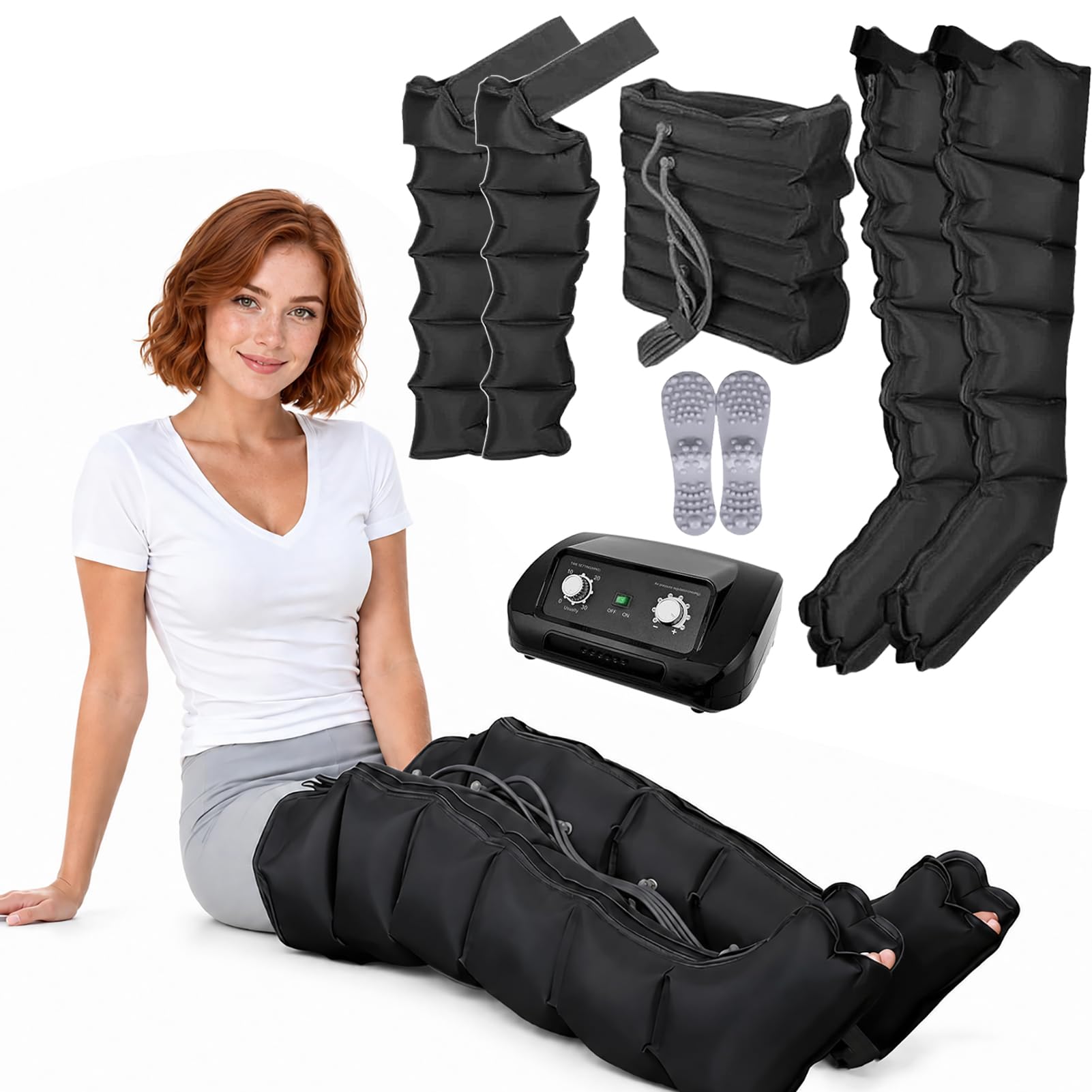 Botas Presoterapia Piernas y Abdomen Para Casa, 6 Cámaras Masajeador | Drenaje Linfatico, Presión de 30-240mmHg, tiempo 0-30min ajustable, Presoterapia Profesional, Circulación