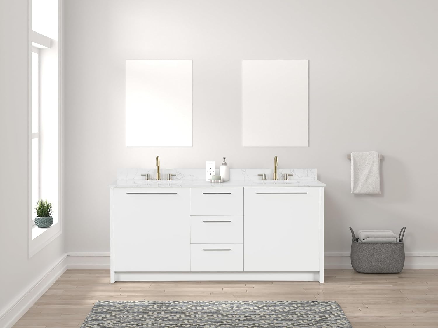 Nona 72" Solid Wood Double Sink Bathroom Vanity | Marble Countertop & Backsplash | Soft Closing Doors & Drawers | Nickel Brushed Handles | White Cabinet Undermount Ceramic Sink Top | Pre-Assembled